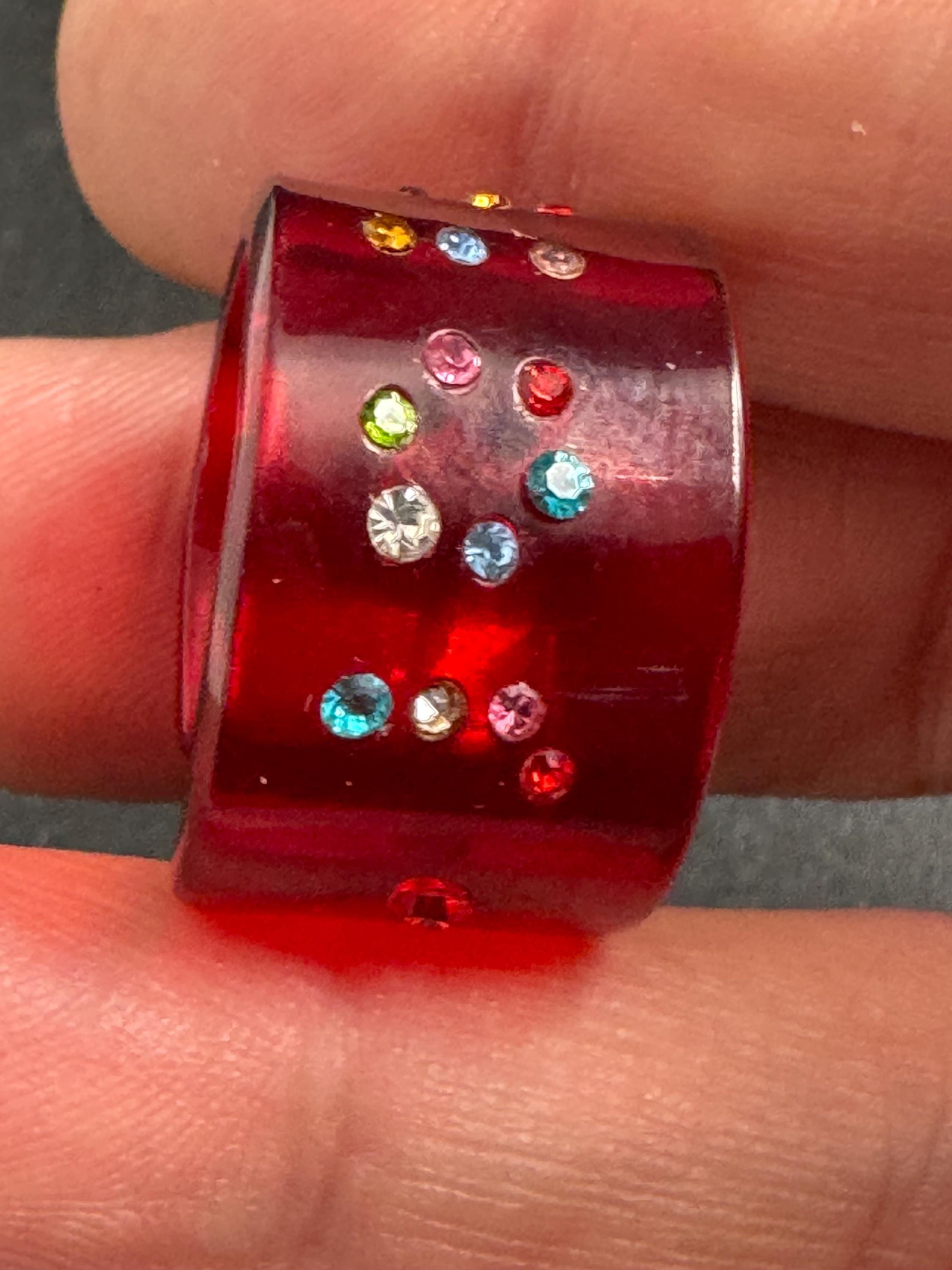 Christian Dior red acrylic dress ring , designer rhinestone jewellery