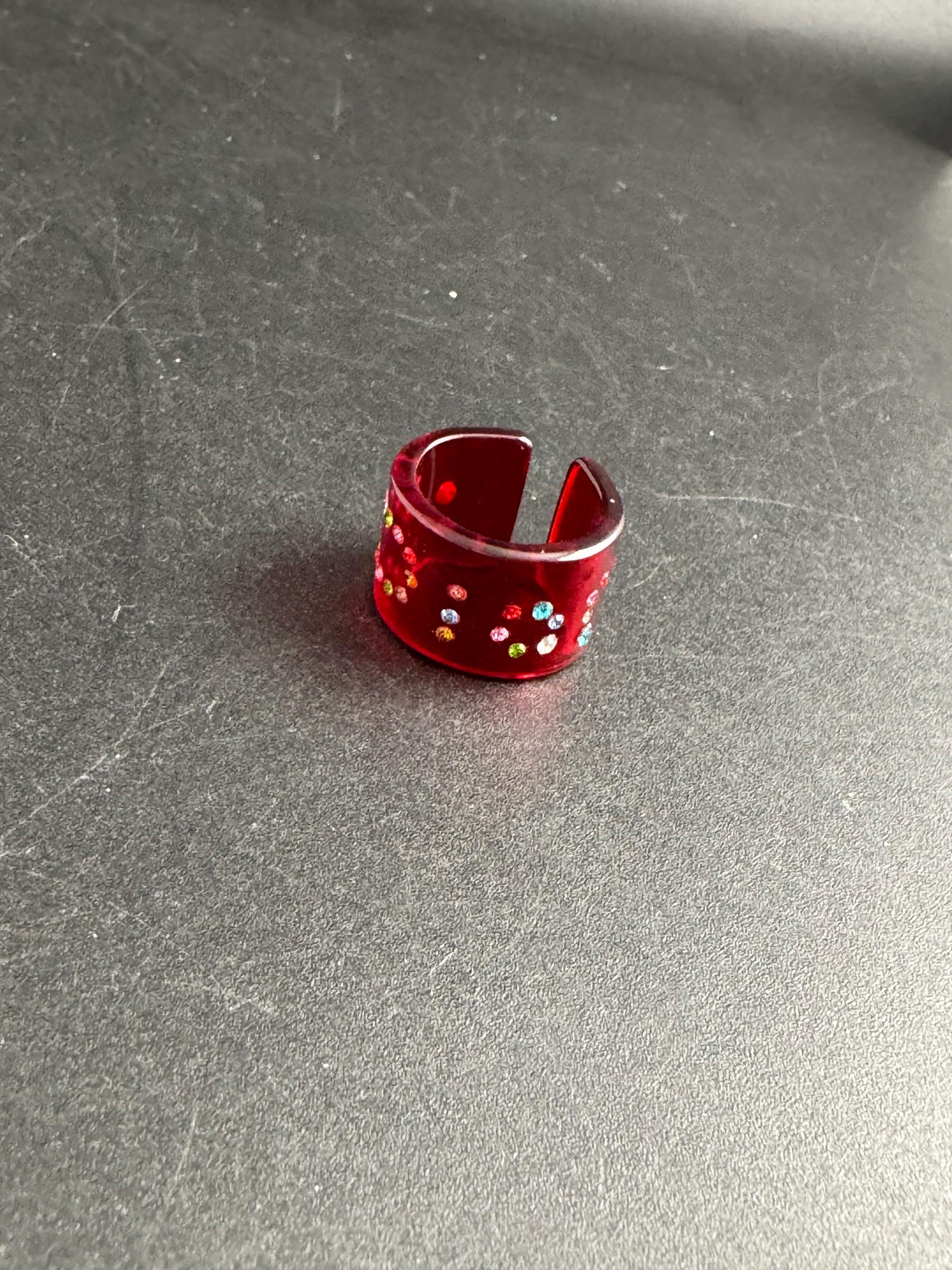 Christian Dior red acrylic dress ring , designer rhinestone jewellery