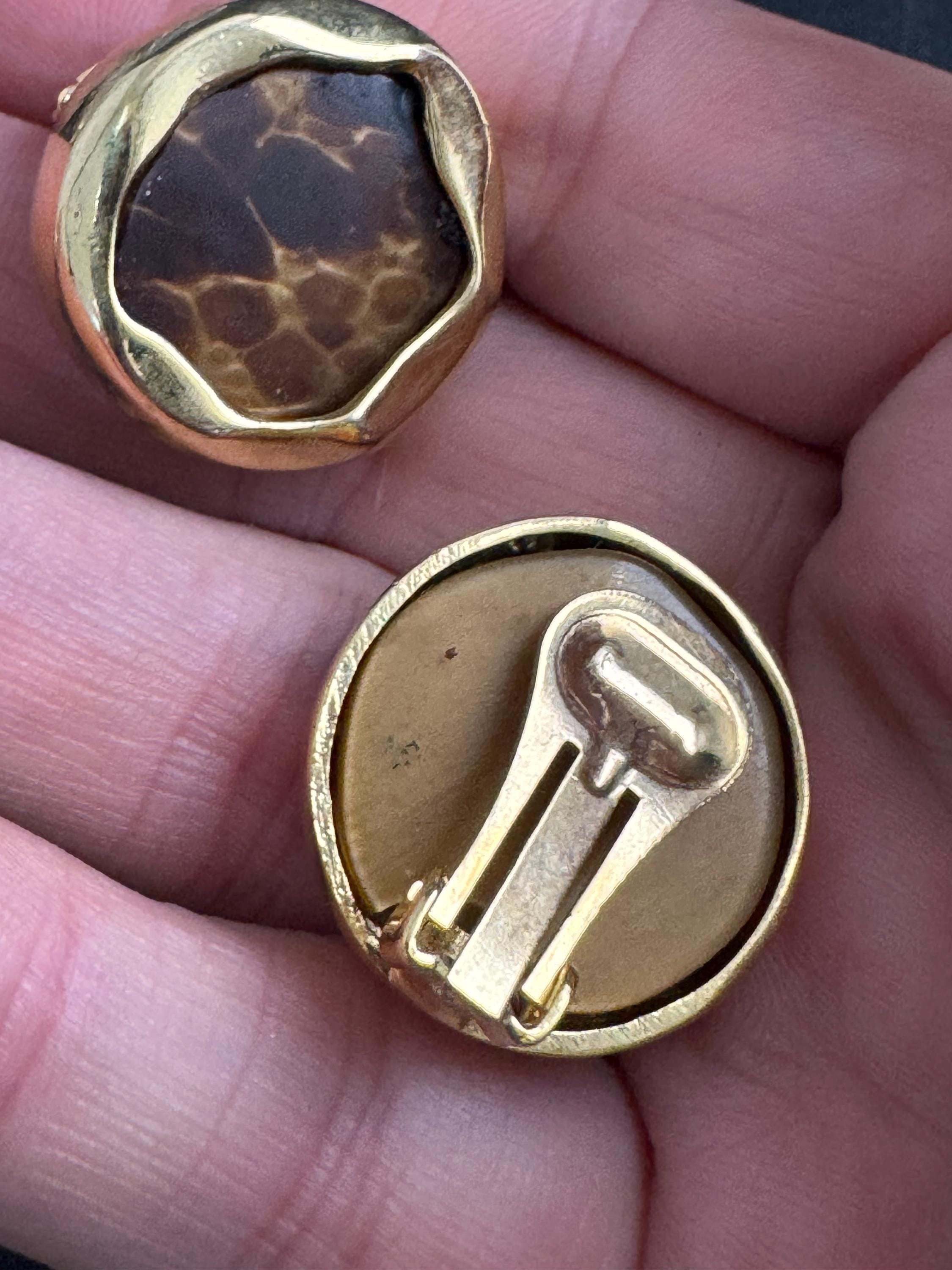 Italian Leopard Print Clip On Earrings: vintage Gold plated brown animal print