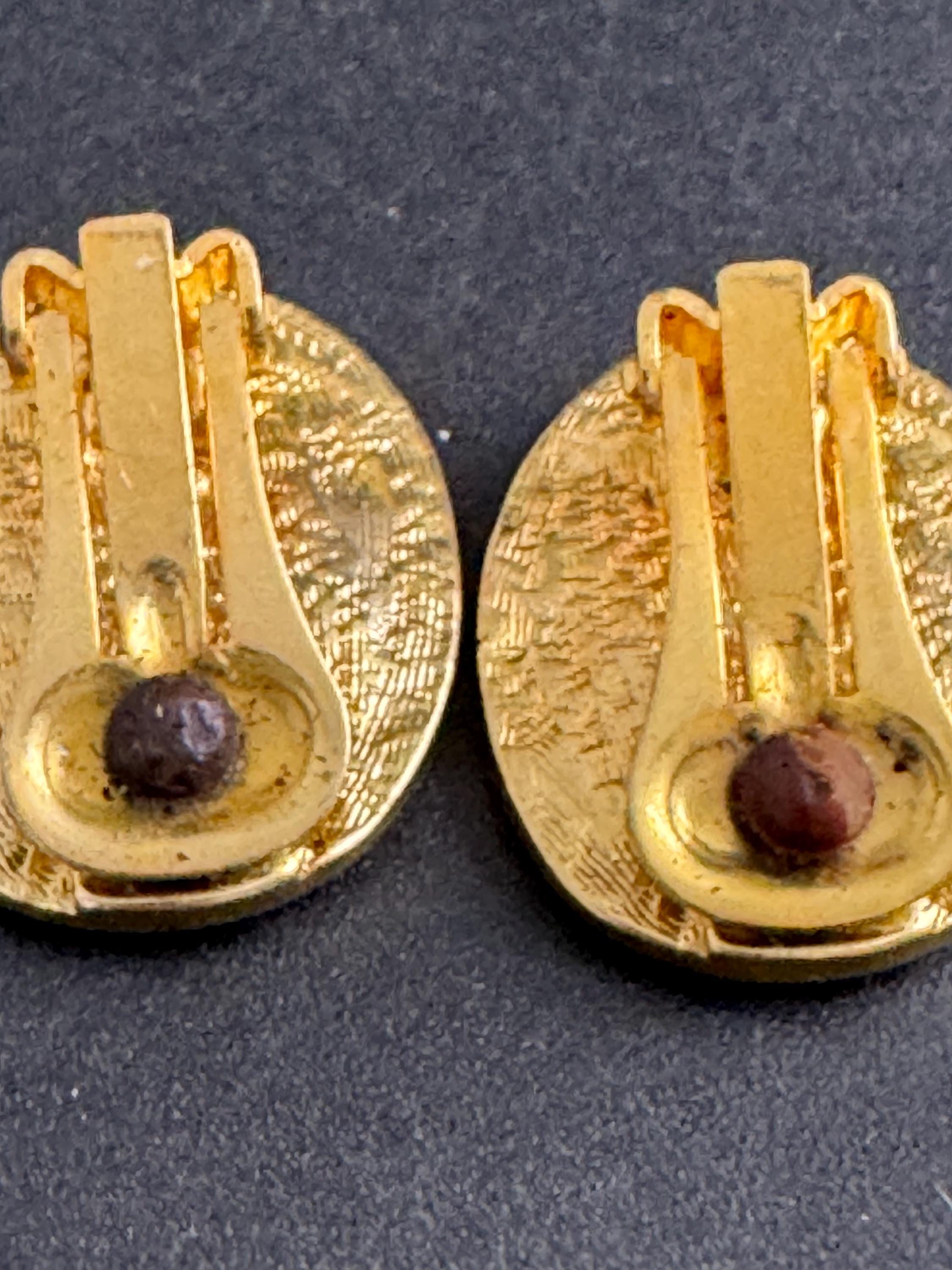 Italian brown Enamel Clip On Earrings: vintage gold plated deadstock