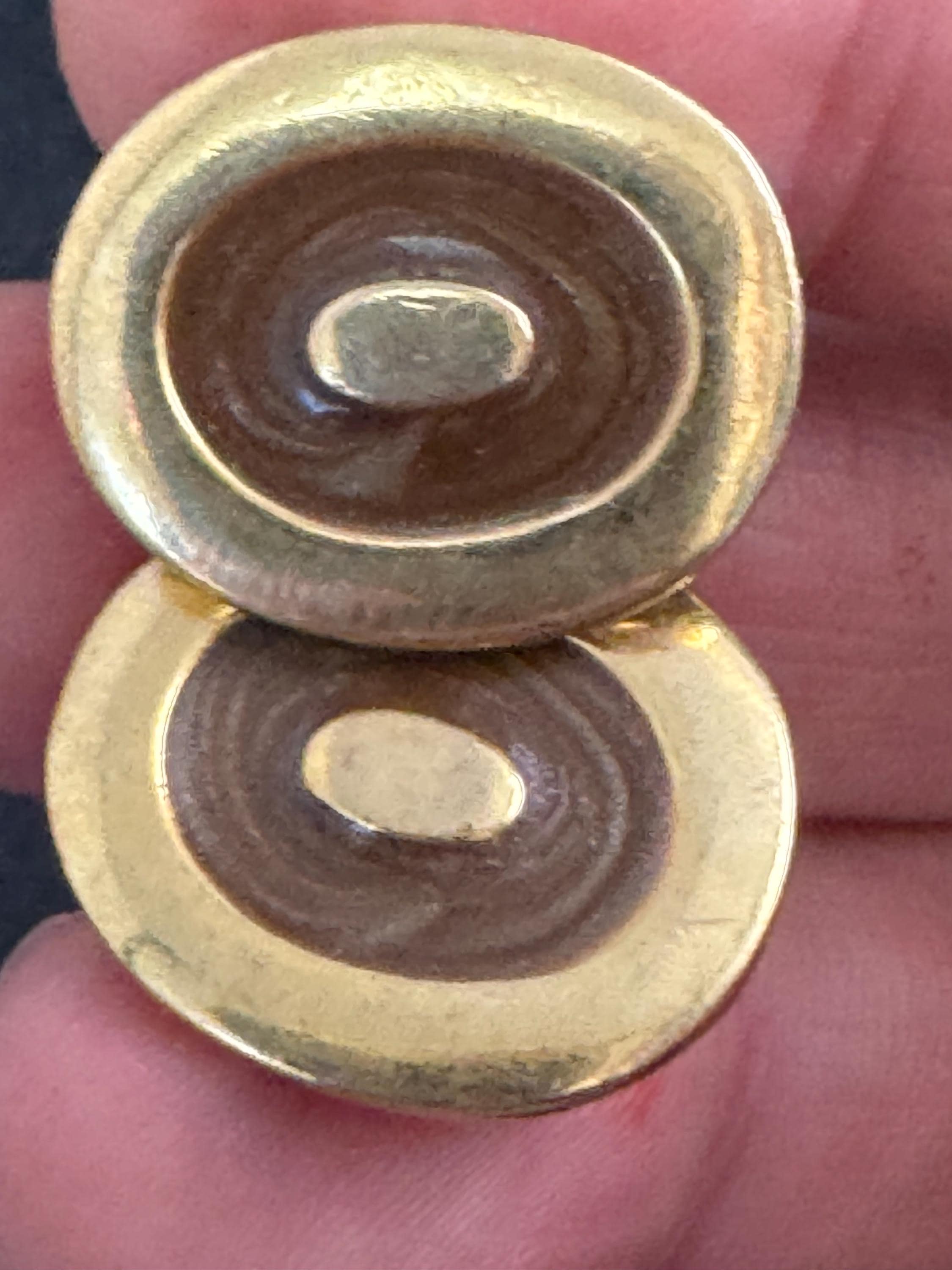 Italian brown Enamel Clip On Earrings: vintage gold plated deadstock