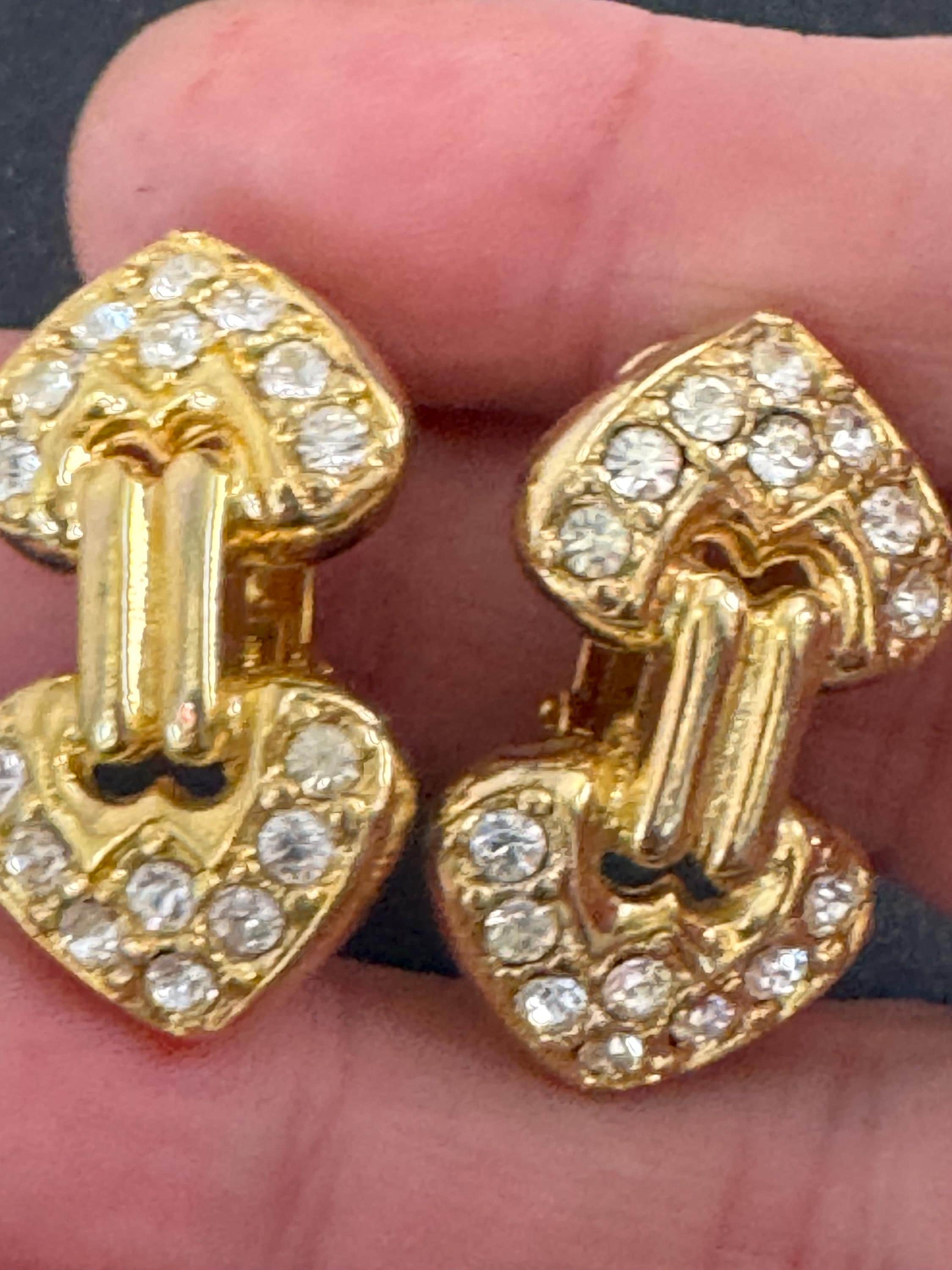 Rhinestone Clip On Earrings: clear crystal gold plated vintage deadstock