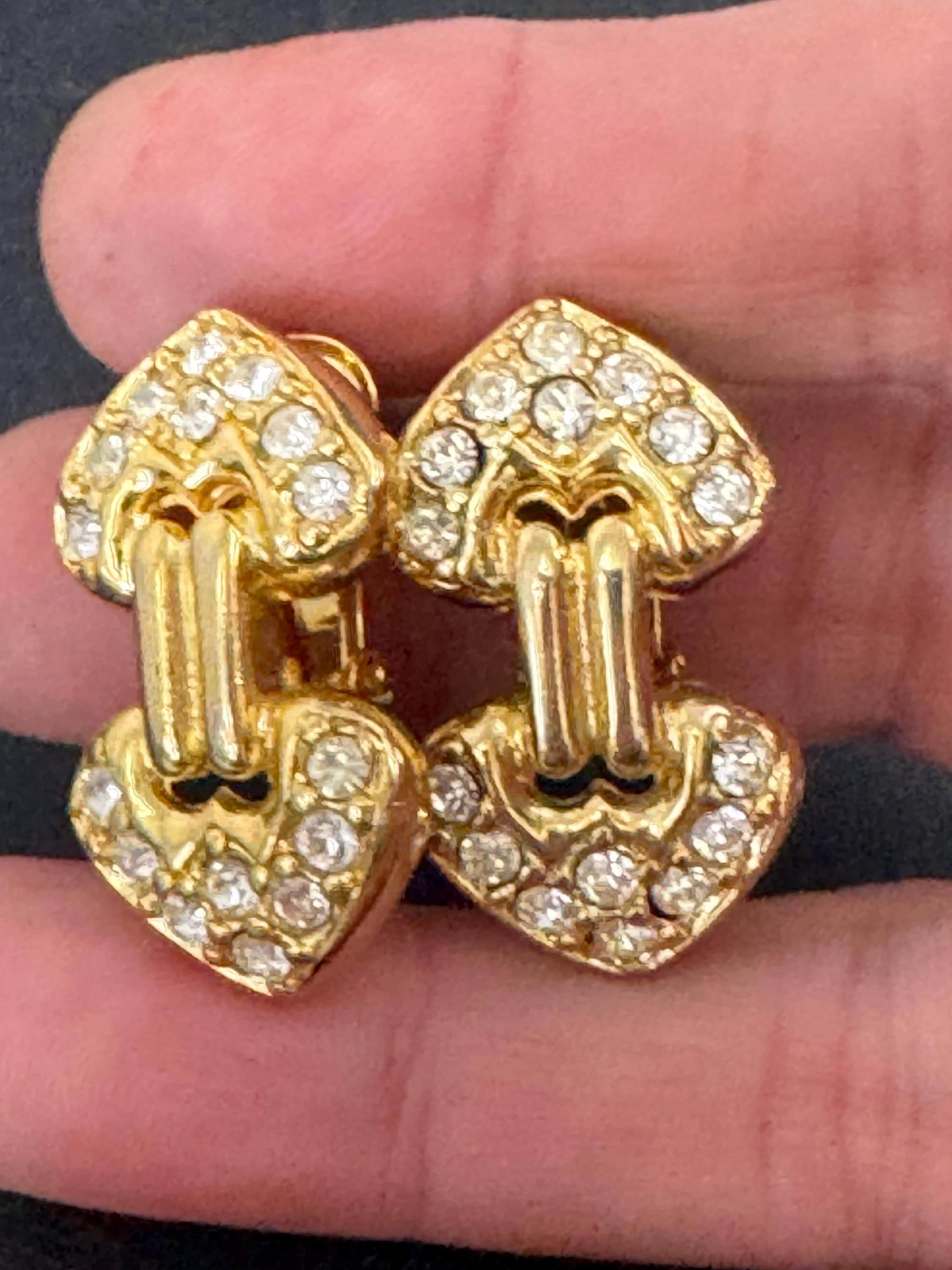 Rhinestone Clip On Earrings: clear crystal gold plated vintage deadstock