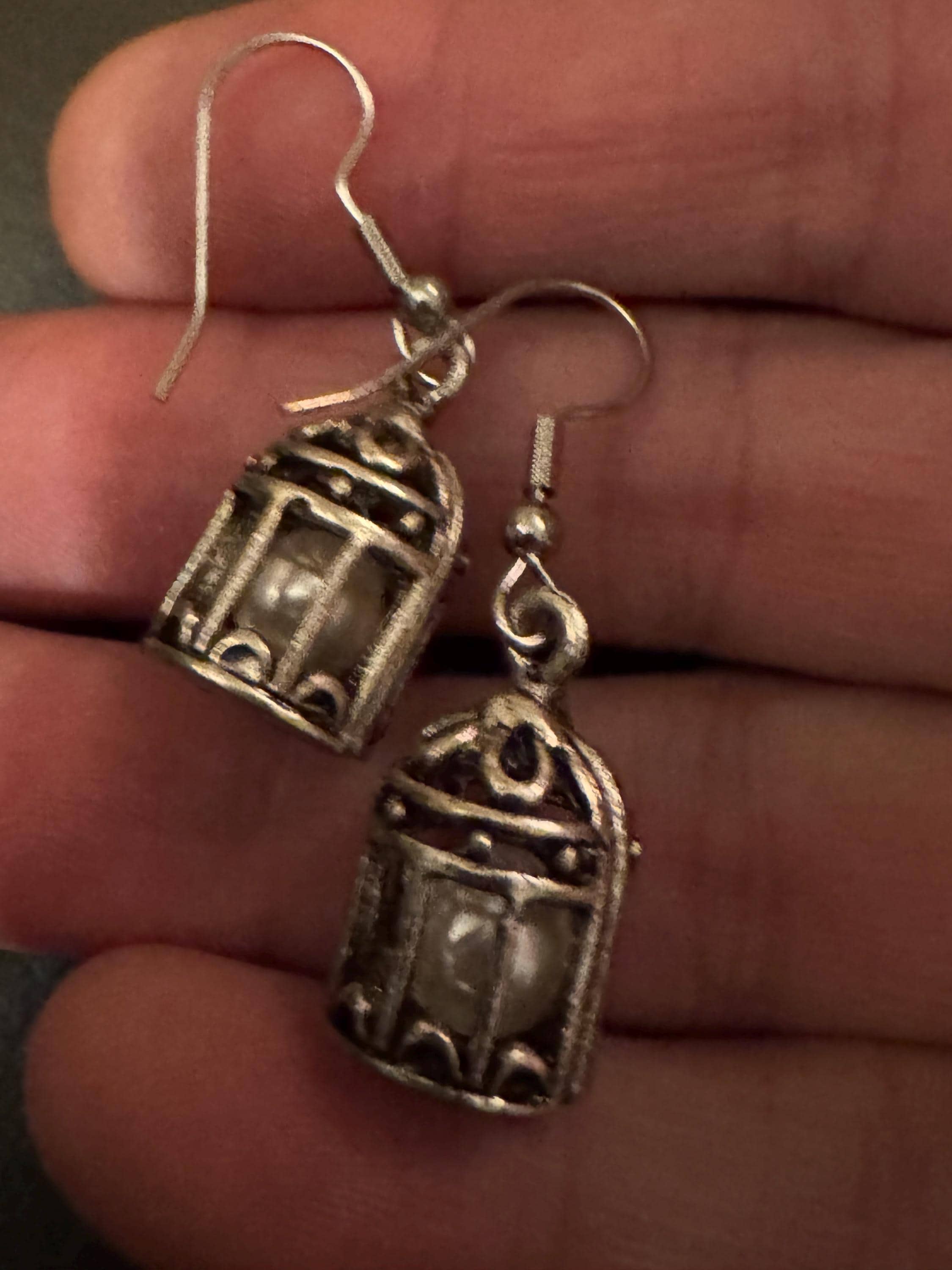 Silver and pearl birdcage earrings, for pierced ears