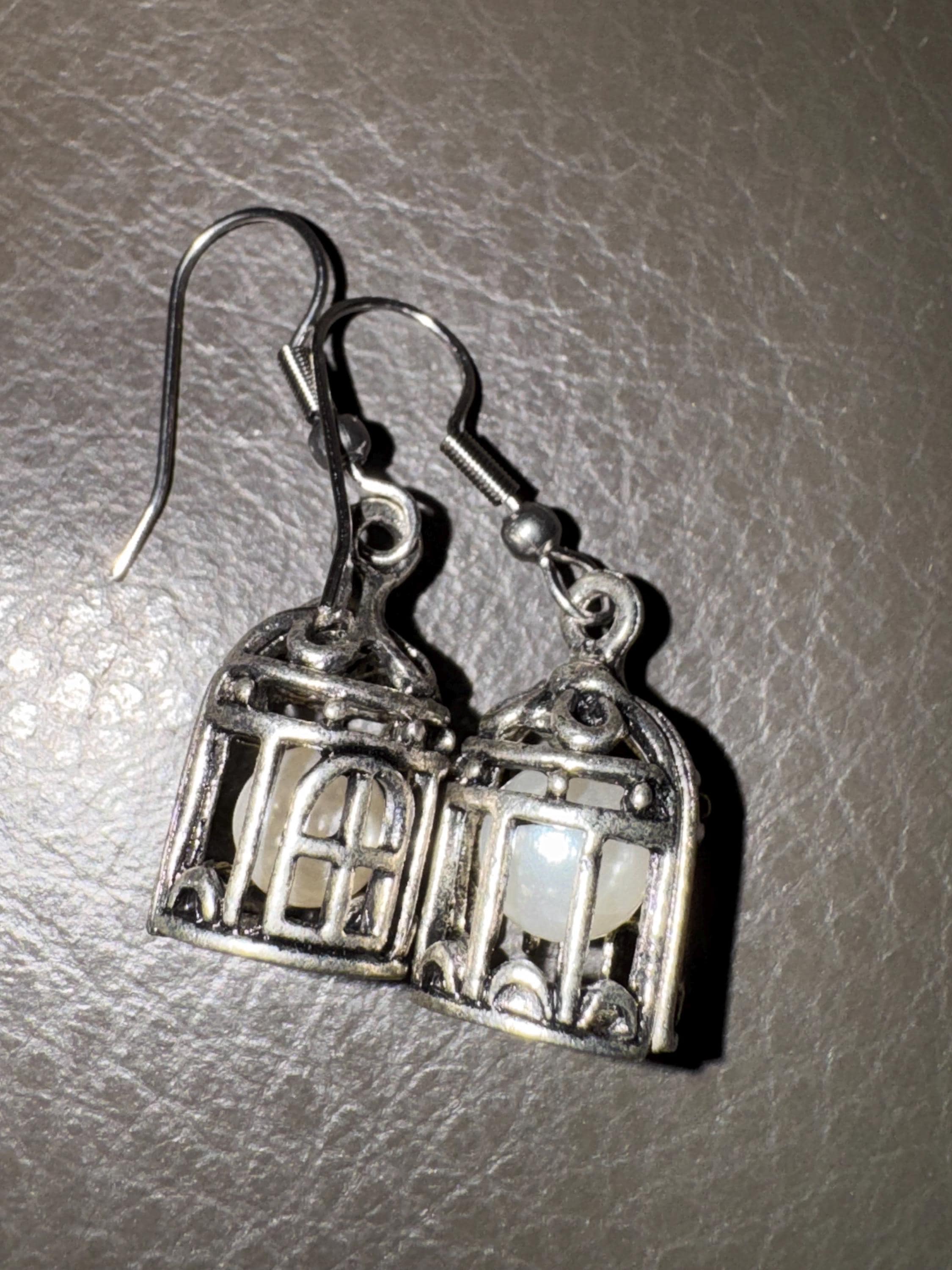 Silver and pearl birdcage earrings, for pierced ears