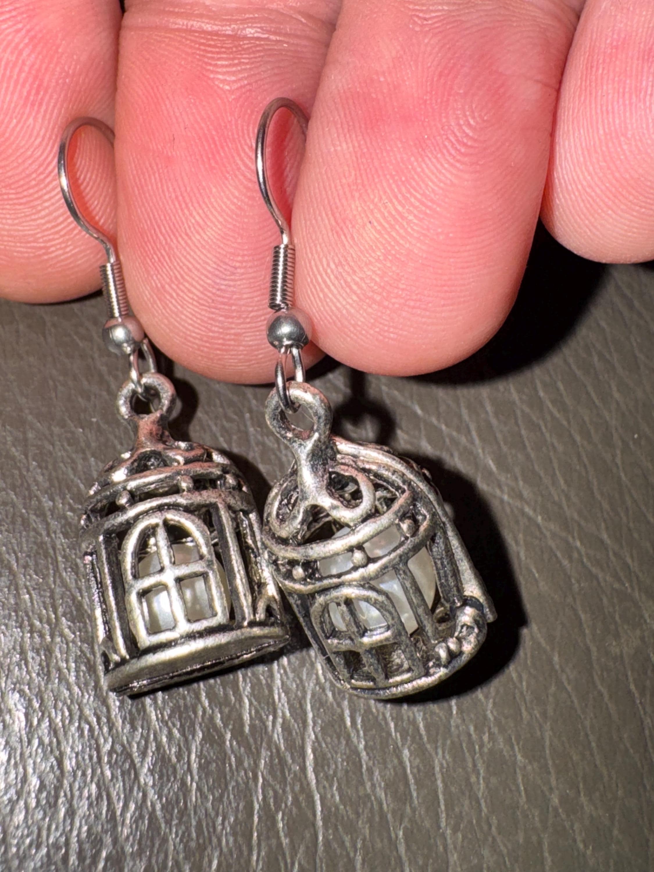 Silver and pearl birdcage earrings, for pierced ears