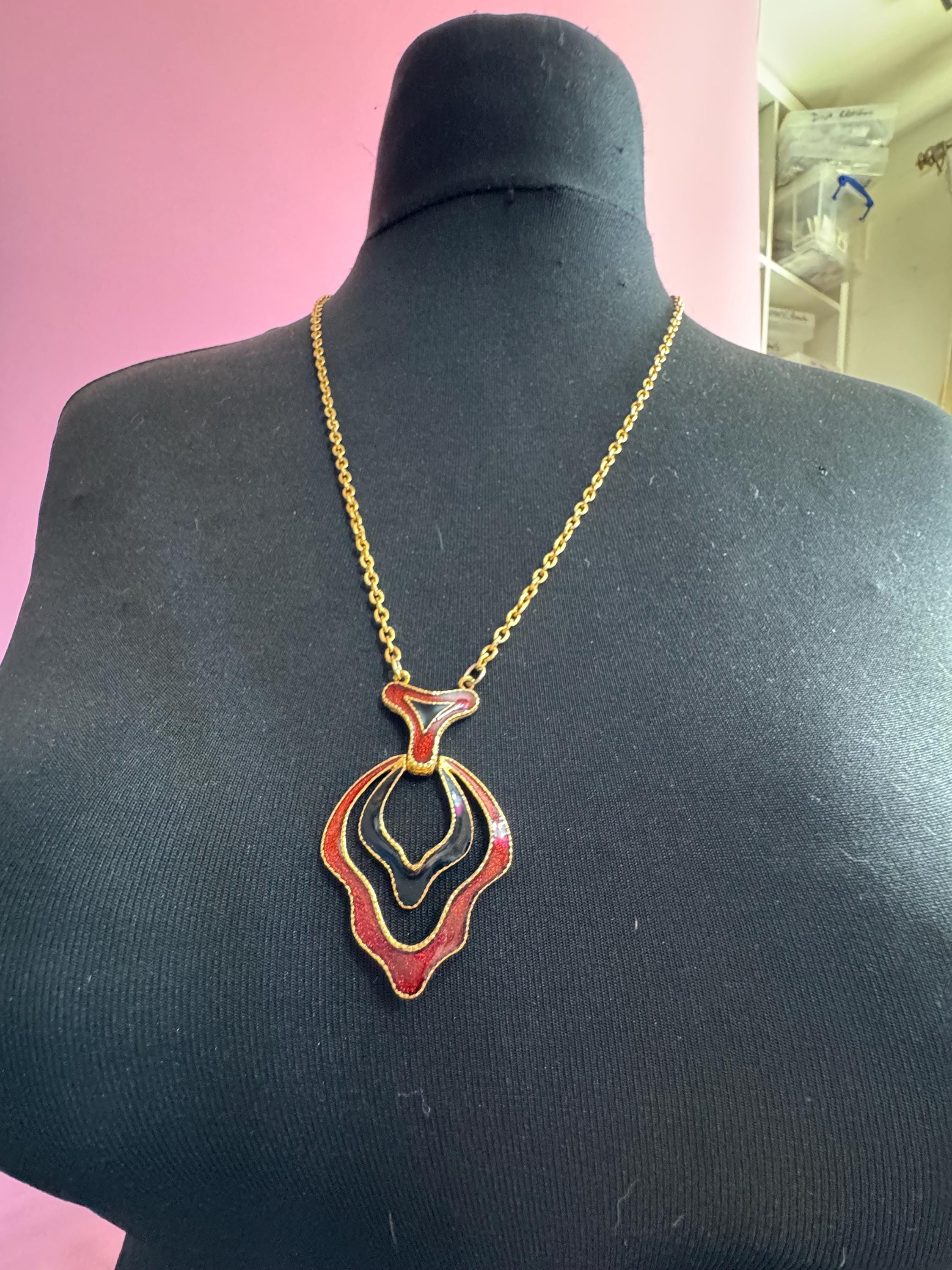 Signed AVON Red Black pendant,  enamelled necklace