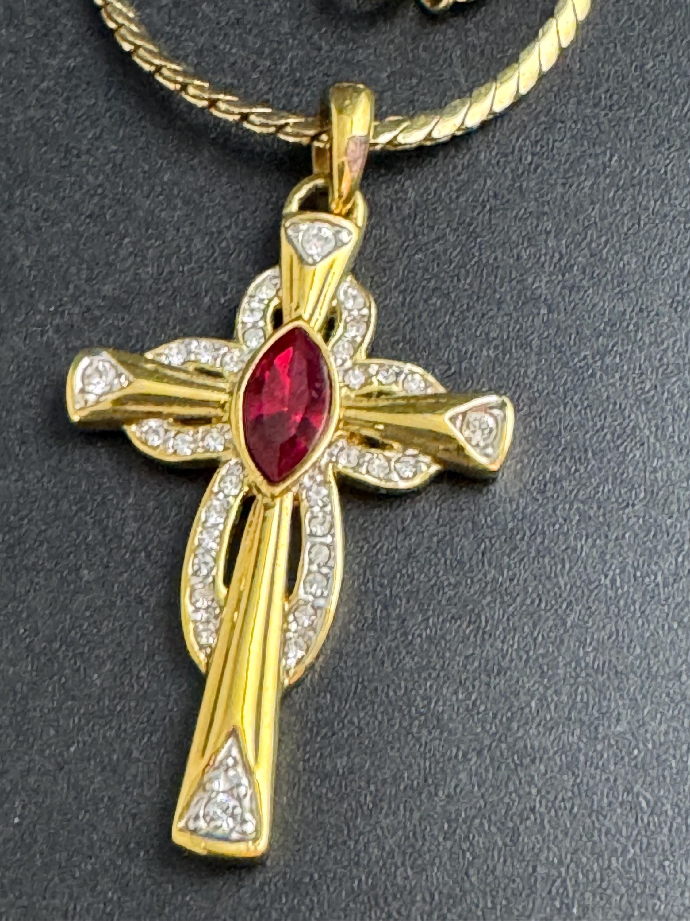 JBK Ruby rhinestone cross pendant, signed Jackie Kennedy camrose and cross