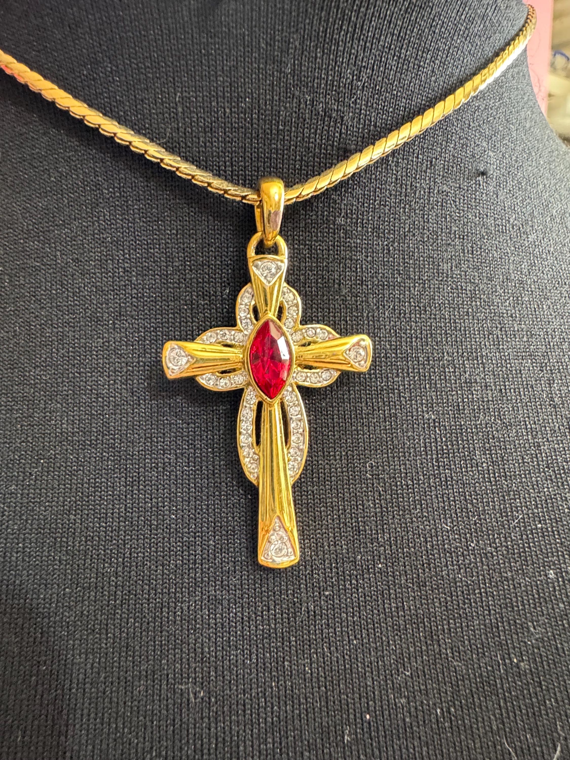 JBK Ruby rhinestone cross pendant, signed Jackie Kennedy camrose and cross