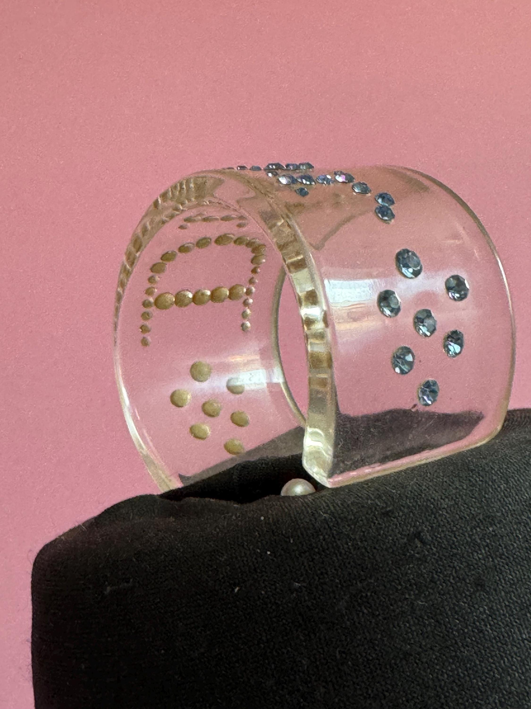 Christian Dior blue rhinestone clear acrylic cuff bangle , designer bracelet