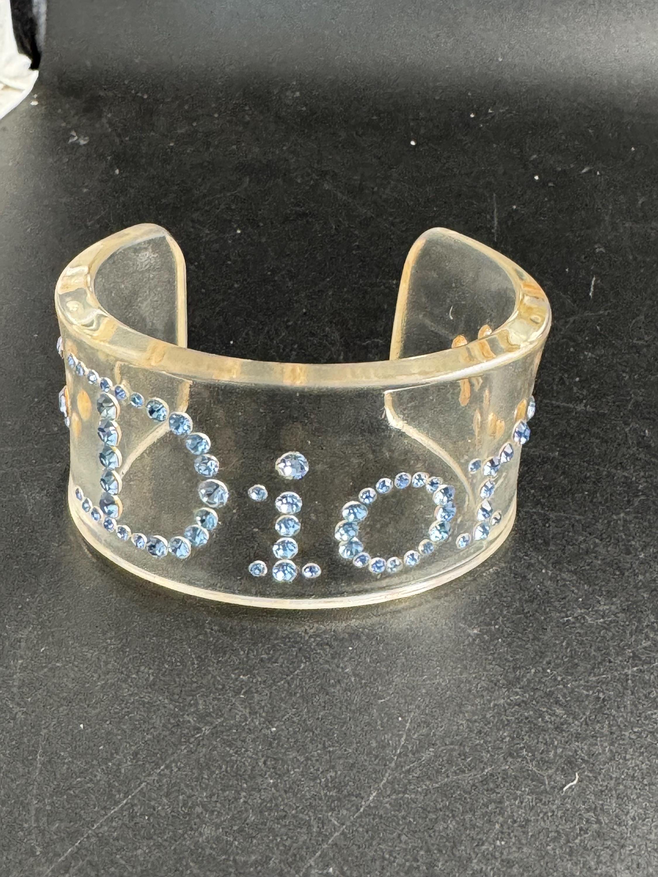 Christian Dior blue rhinestone clear acrylic cuff bangle , designer bracelet