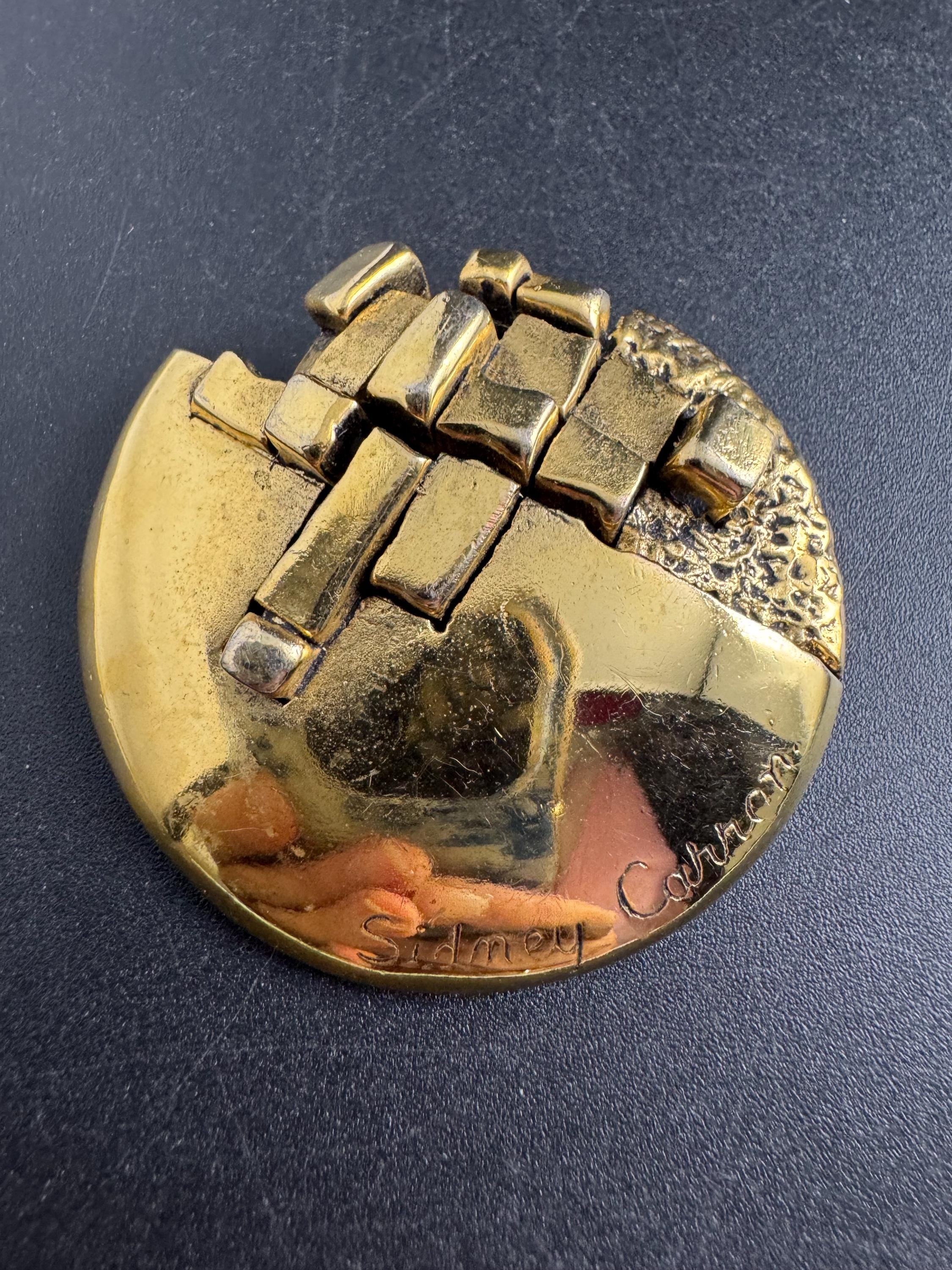 Signed SIDNEY CARRON modernist gold plated brooch ,  French Paris designer jewellery