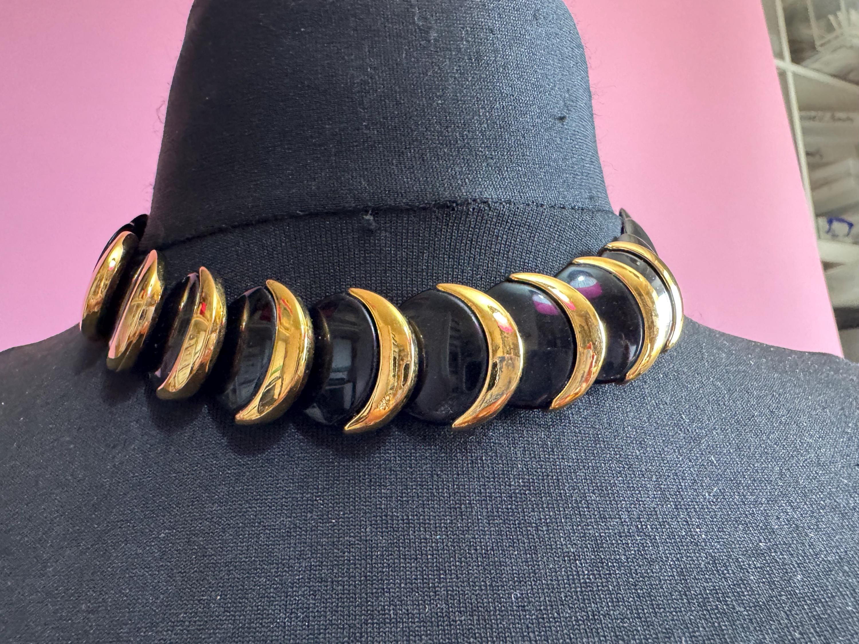 Napier black and gold disc necklace, vintage acrylic beaded choker signed