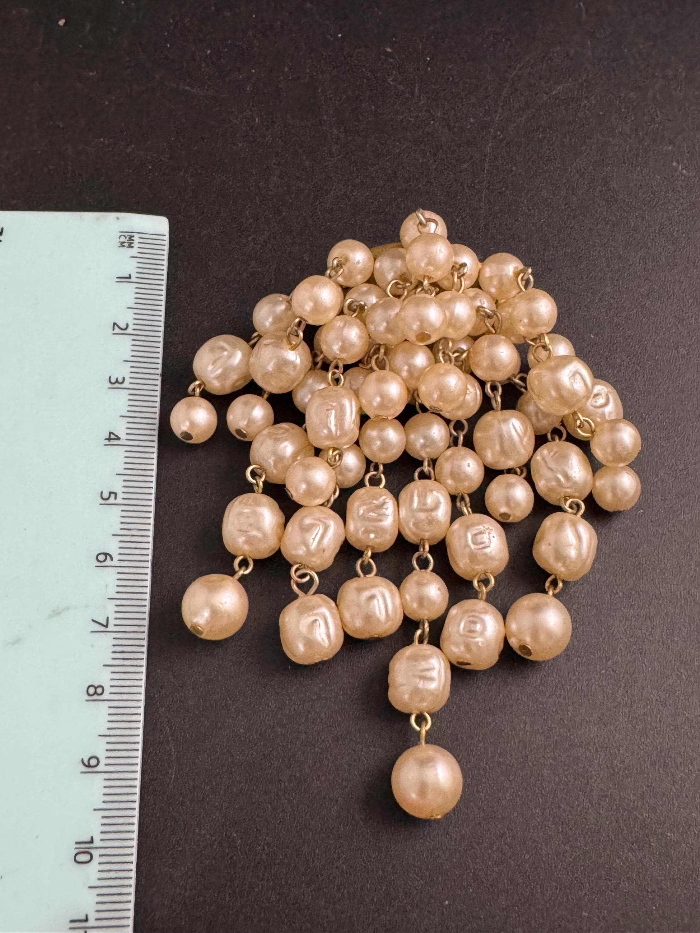 Big pearl beaded waterfall brooch, vintage plastic beads