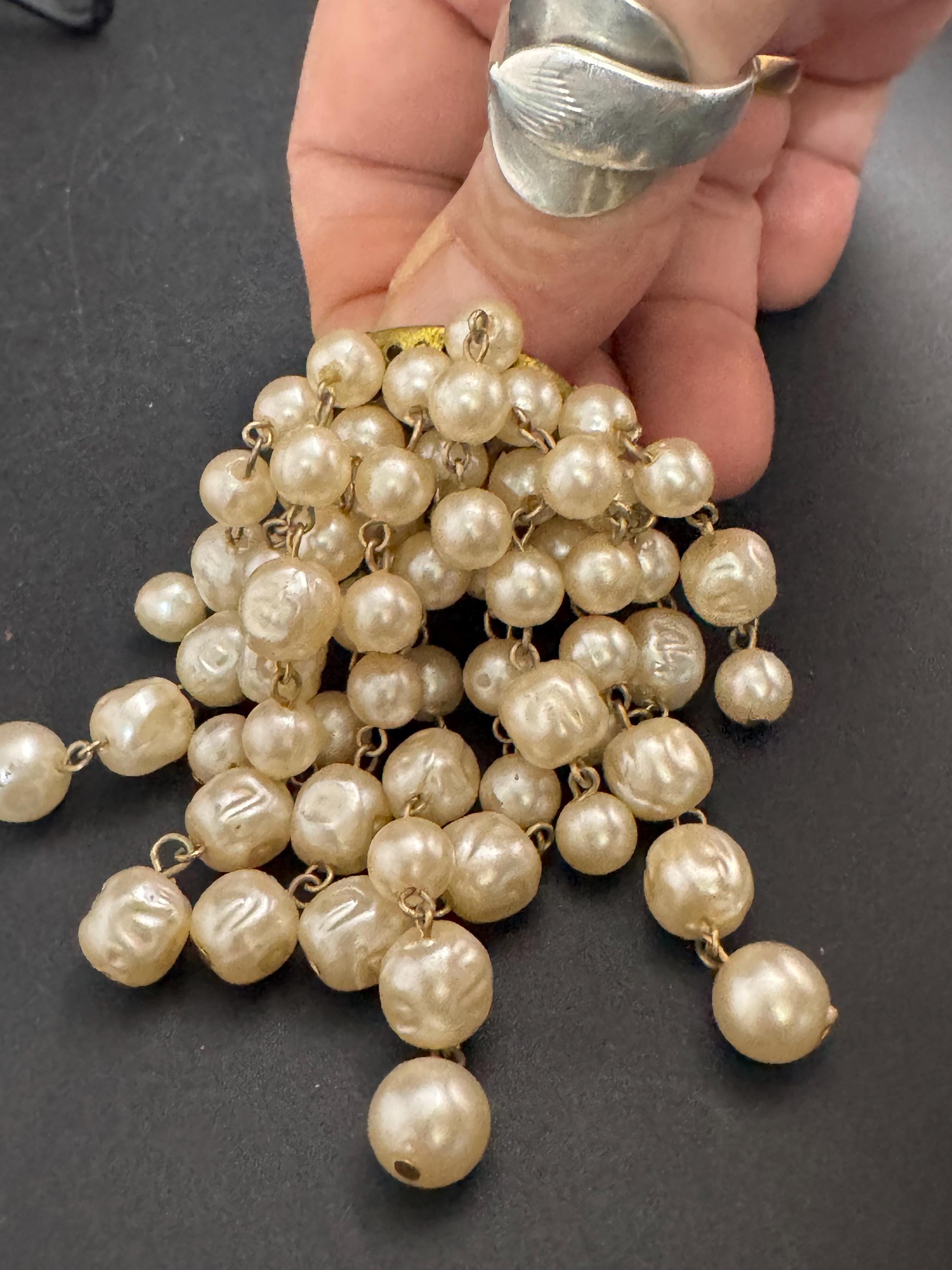 Big pearl beaded waterfall brooch, vintage plastic beads