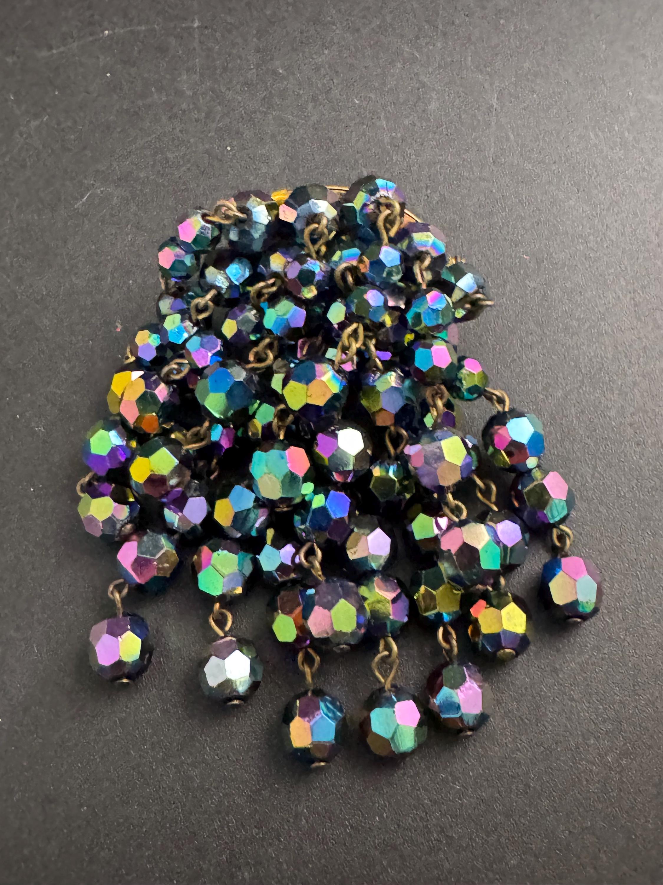 black AB glass Waterfall Brooch,  vintage 1970s rainbow faceted beads