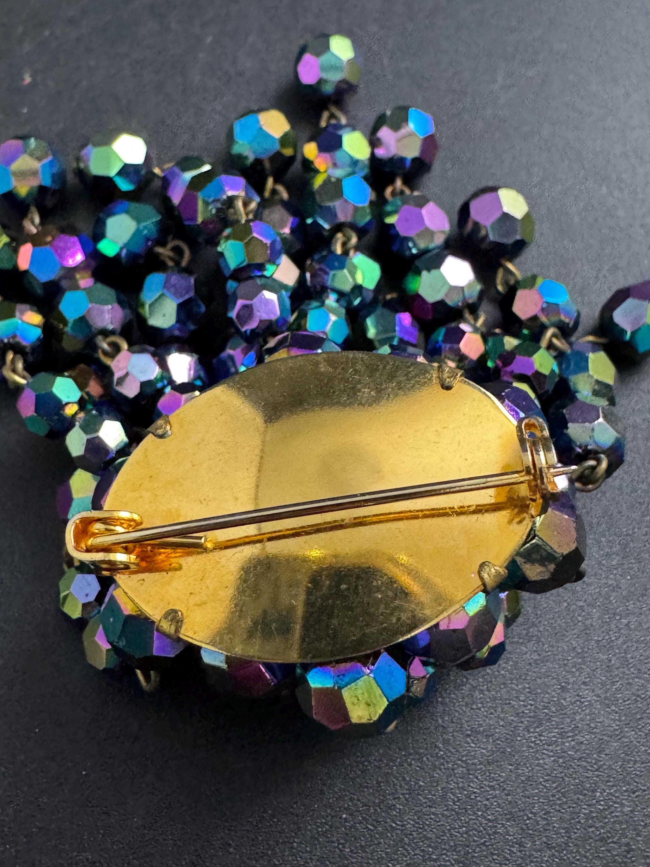 black AB glass Waterfall Brooch,  vintage 1970s rainbow faceted beads