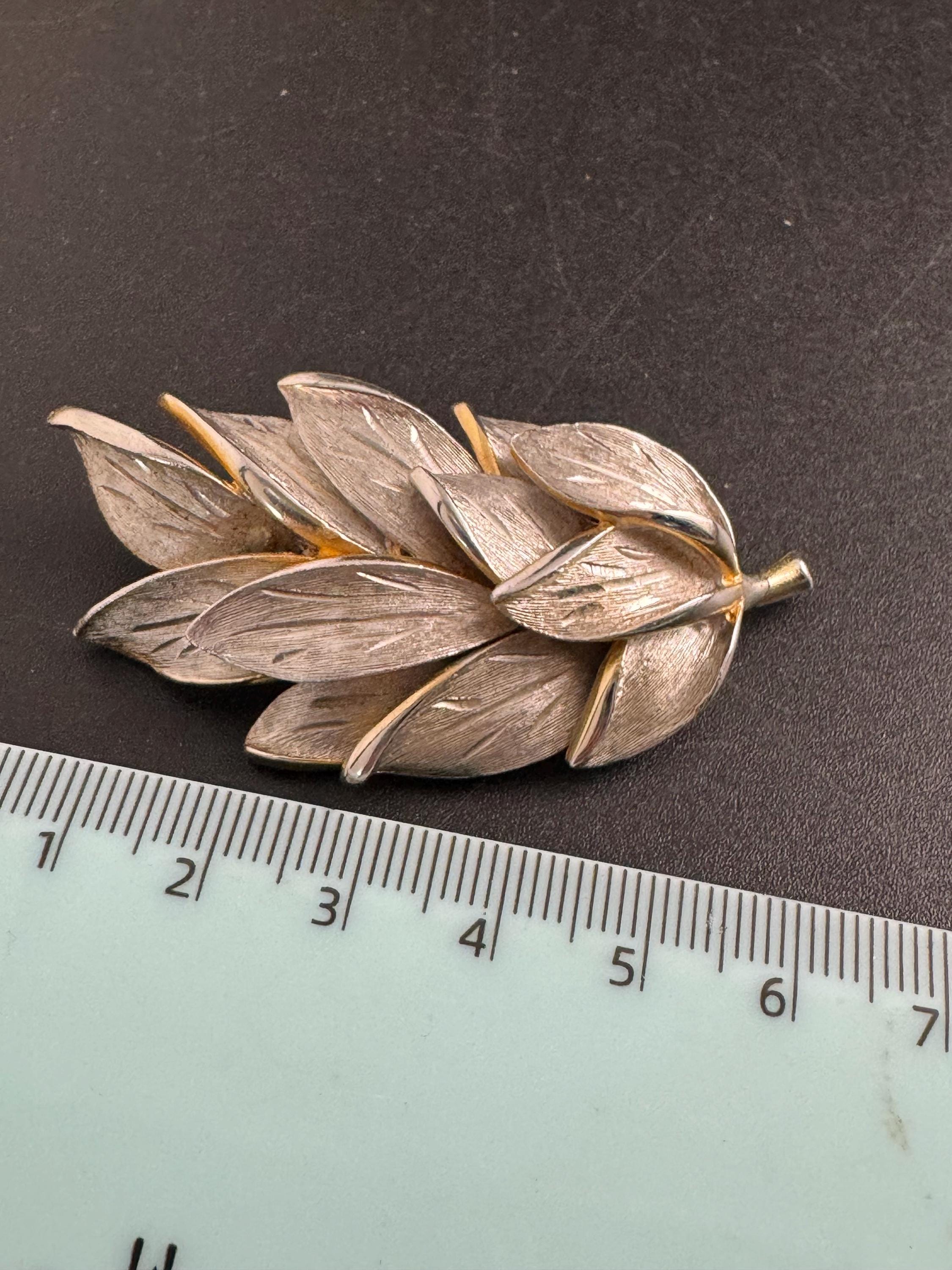 KRAMER textured leaf brooch,  vintage 1950s brushed silver and Gold tone