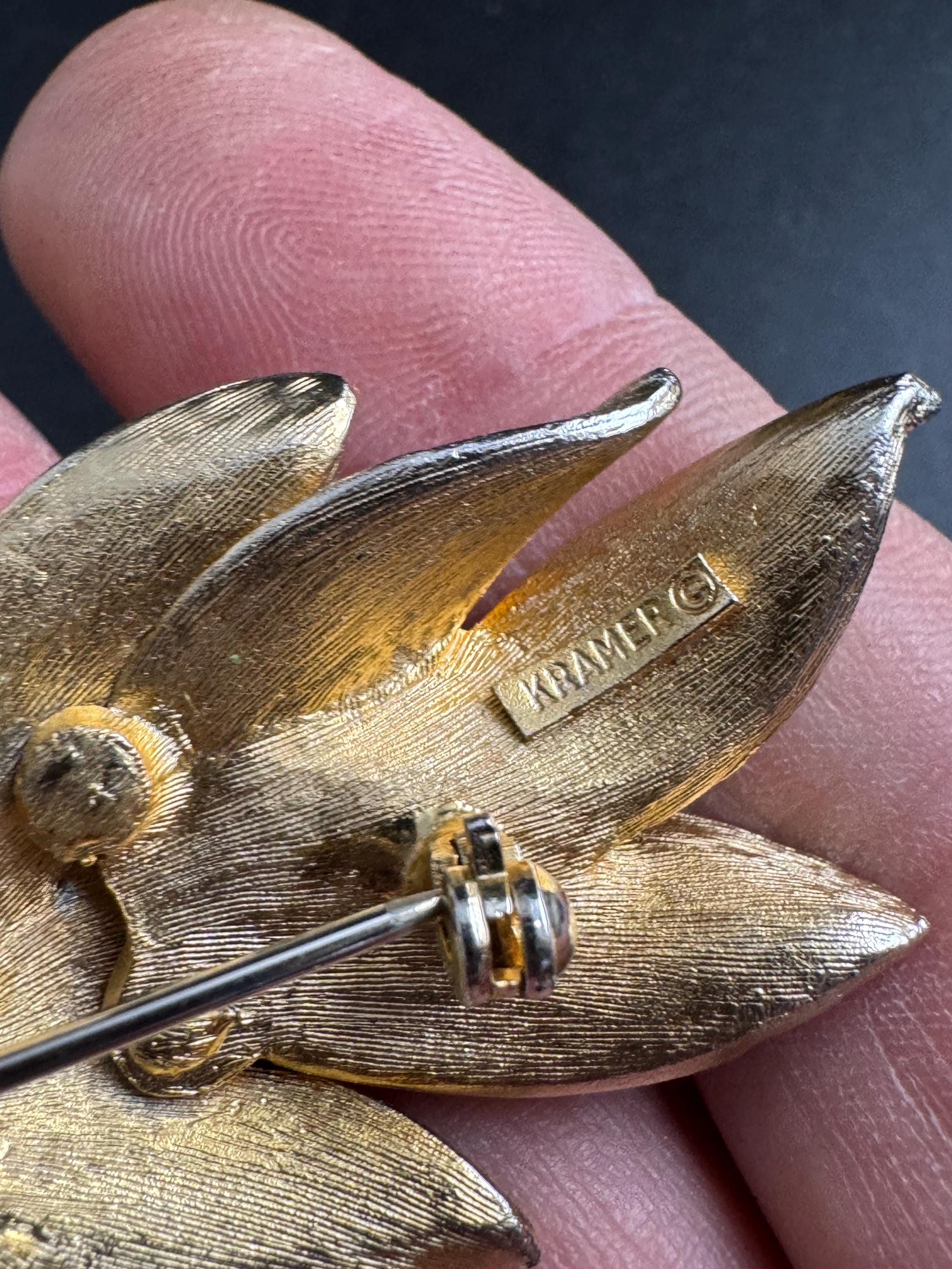 KRAMER textured leaf brooch,  vintage 1950s brushed silver and Gold tone