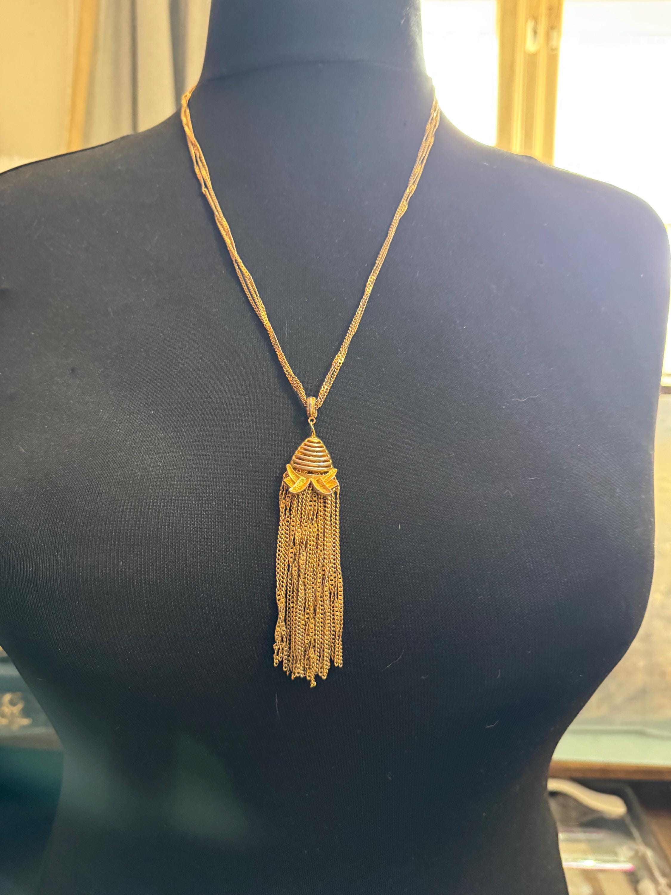 D’orlan chain tassel pendant necklace, vintage signed gold plated
