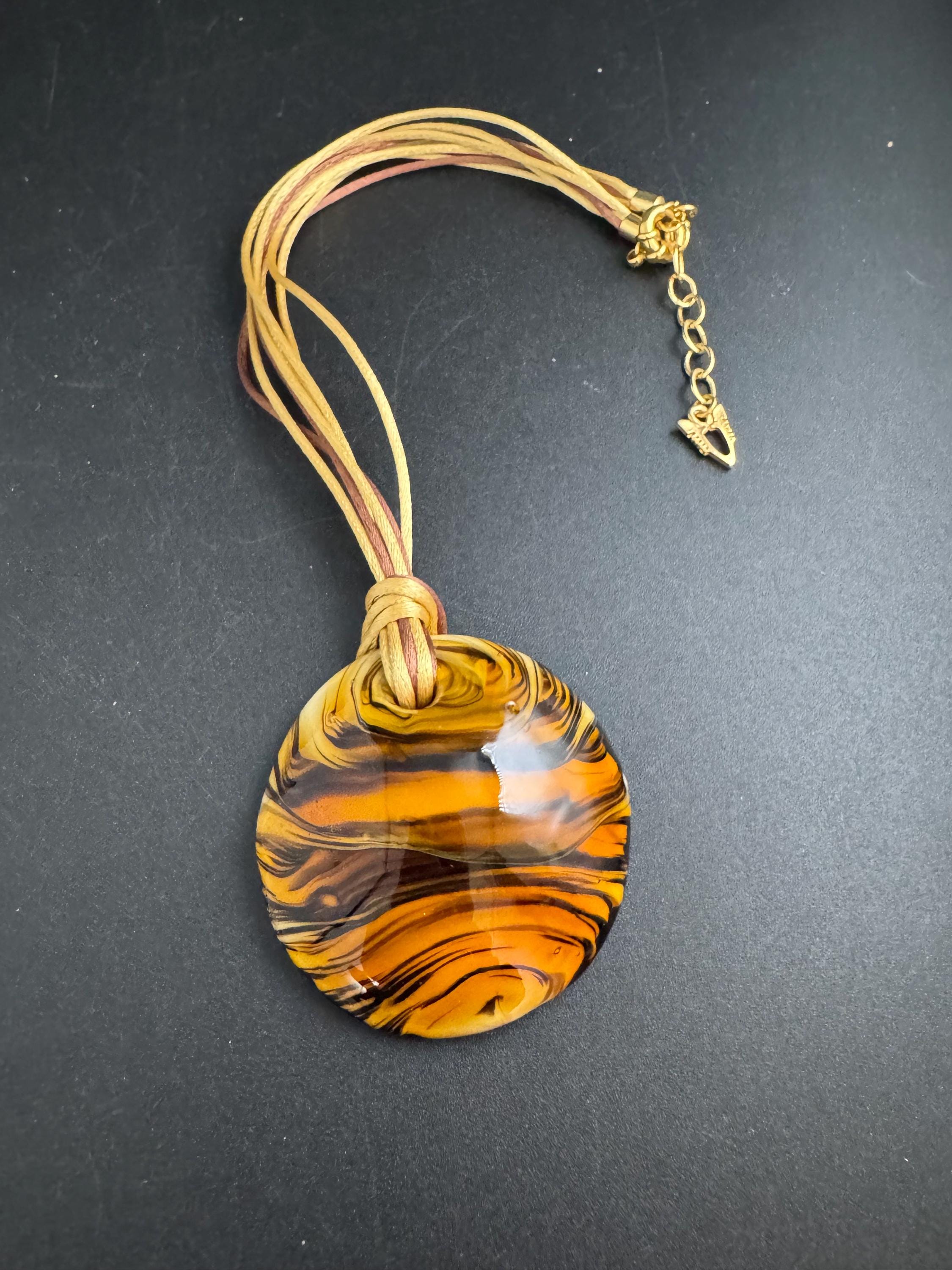 Murano glass brown disc pendant,  Vintage signed gold black