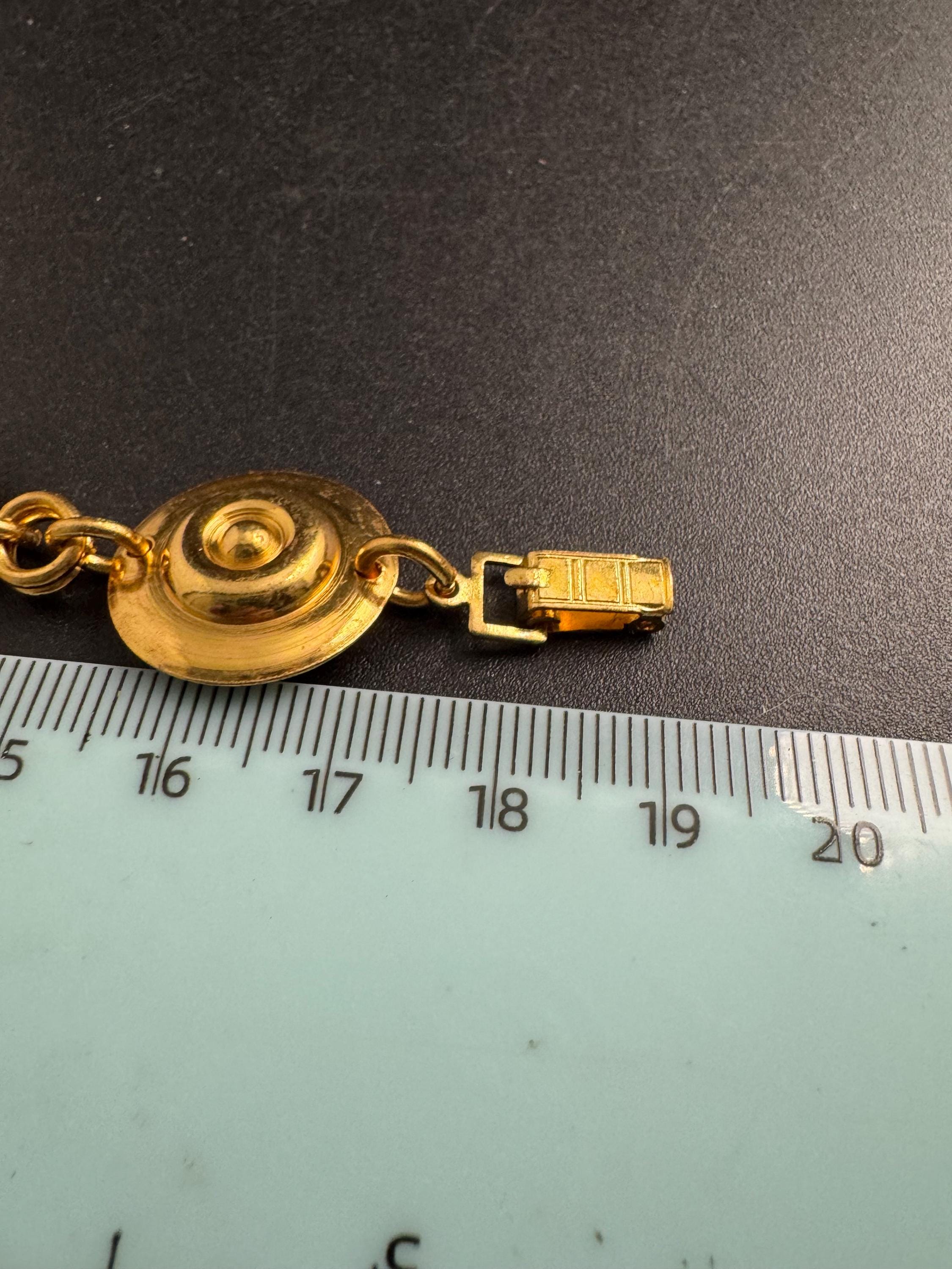 Etruscan gold disc panel link bracelet , vintage unused 1960s