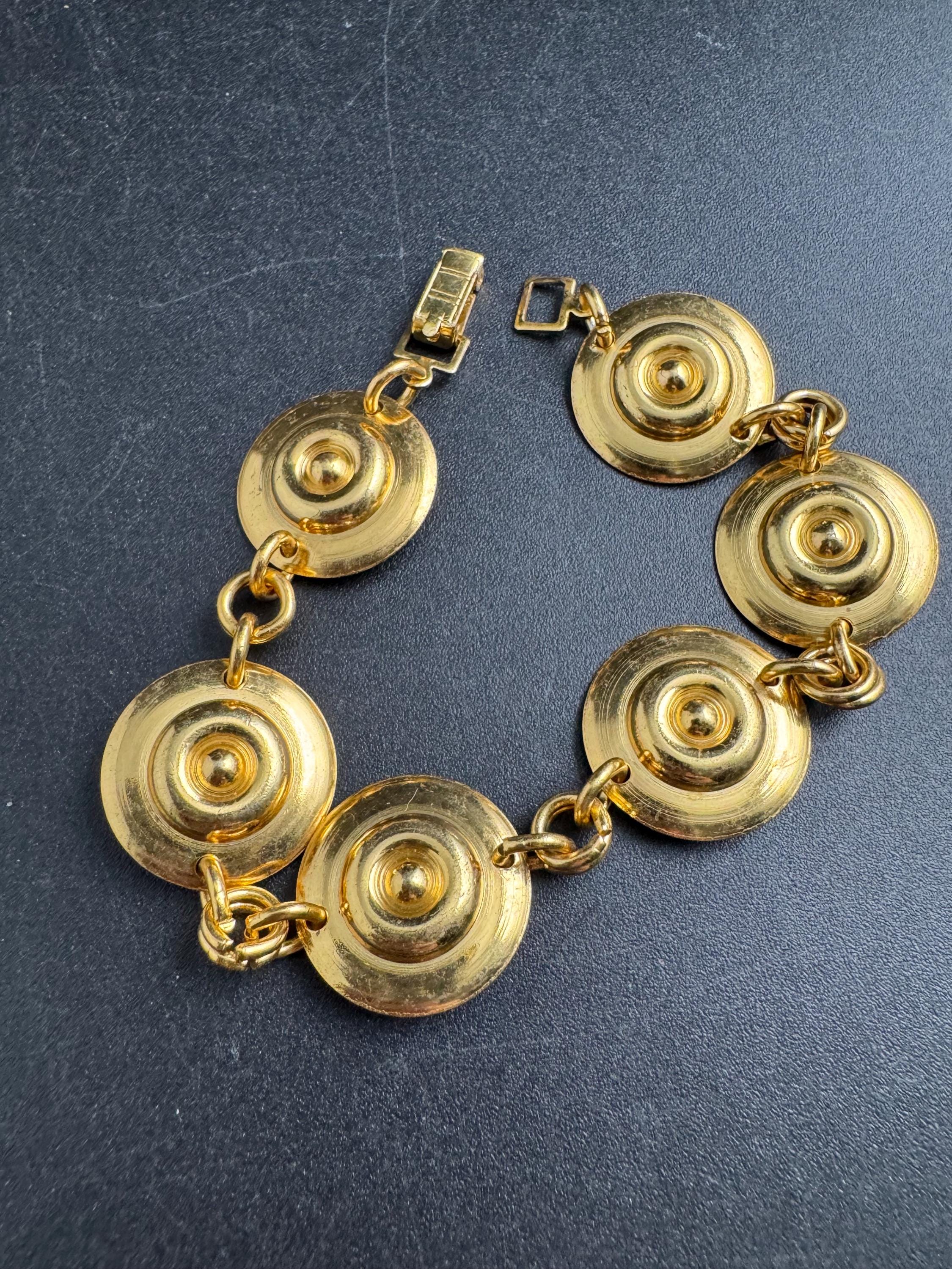 Etruscan gold disc panel link bracelet , vintage unused 1960s