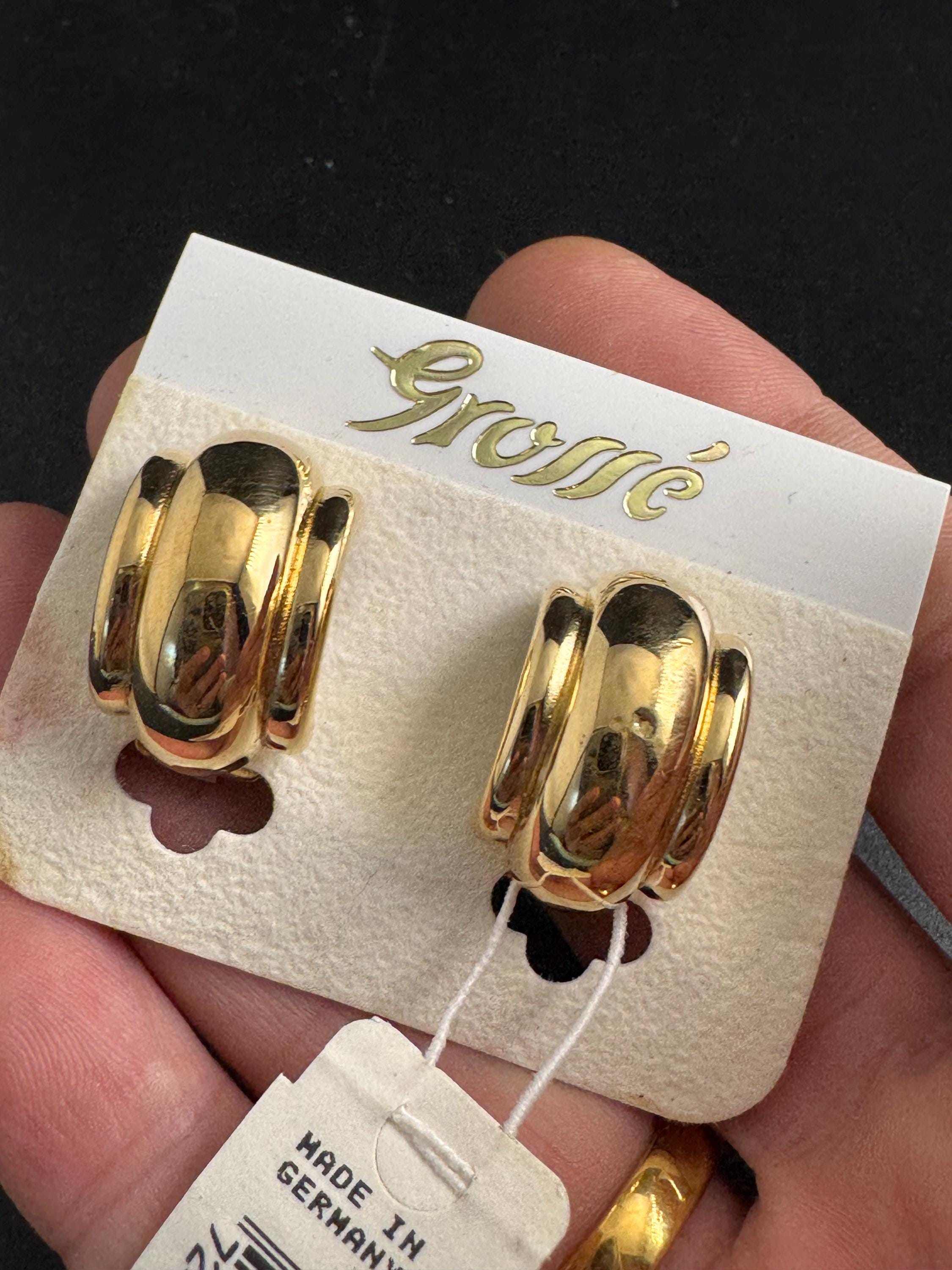 Grosse gold plated clip on earrings, unused vintage stock designer and fully signed