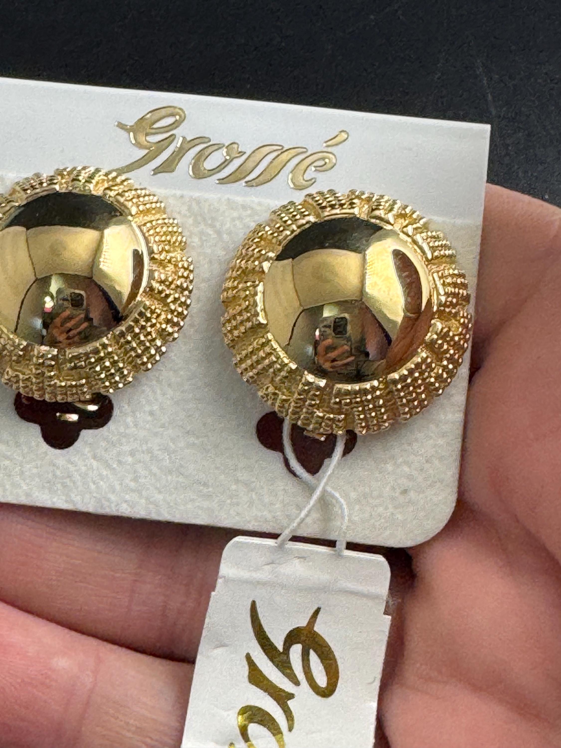 Grosse gold plated clip on earrings, unused vintage stock designer and fully signed