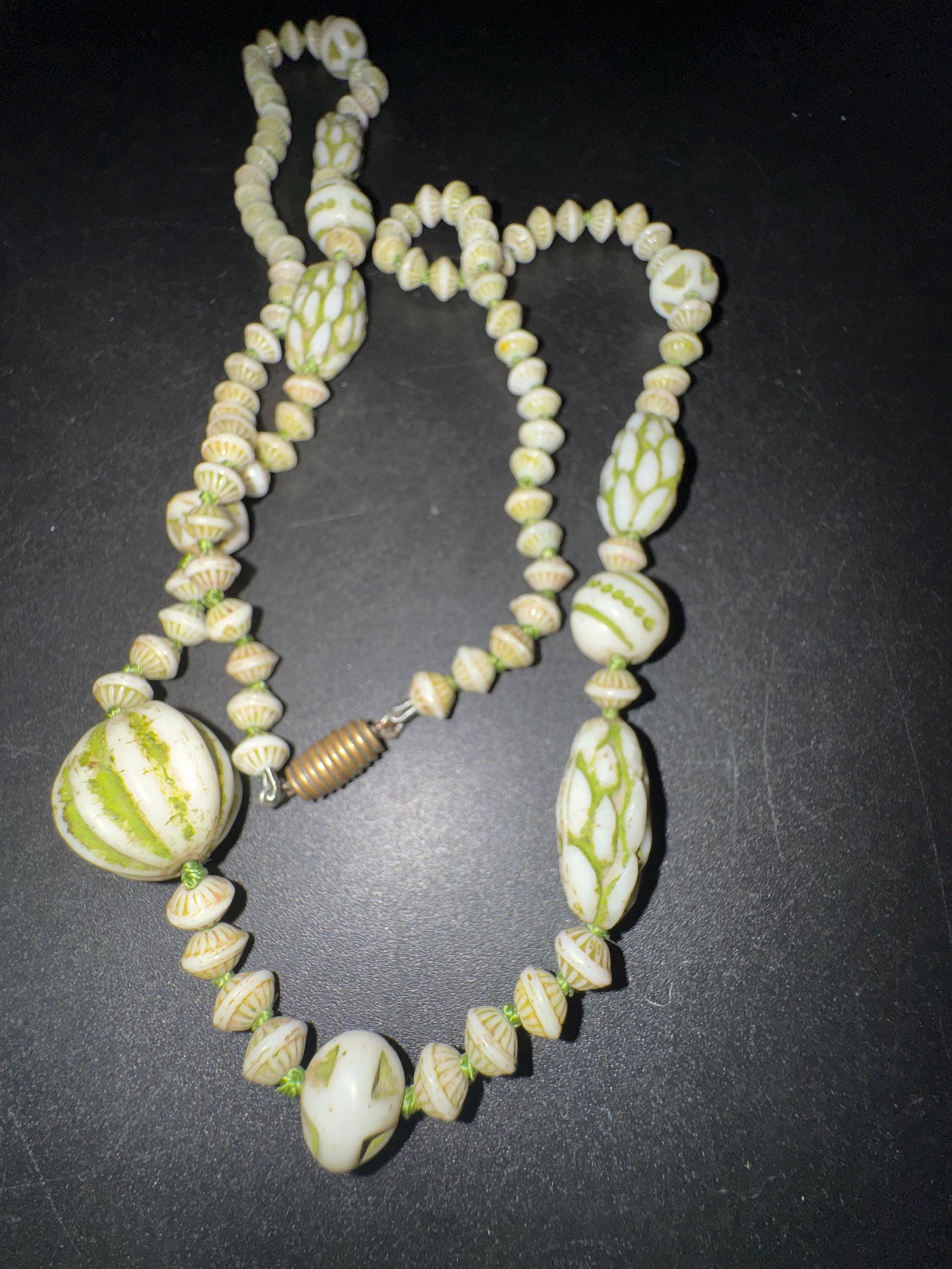 neiger UV beaded necklace, cream and green beads 76 uranium glass