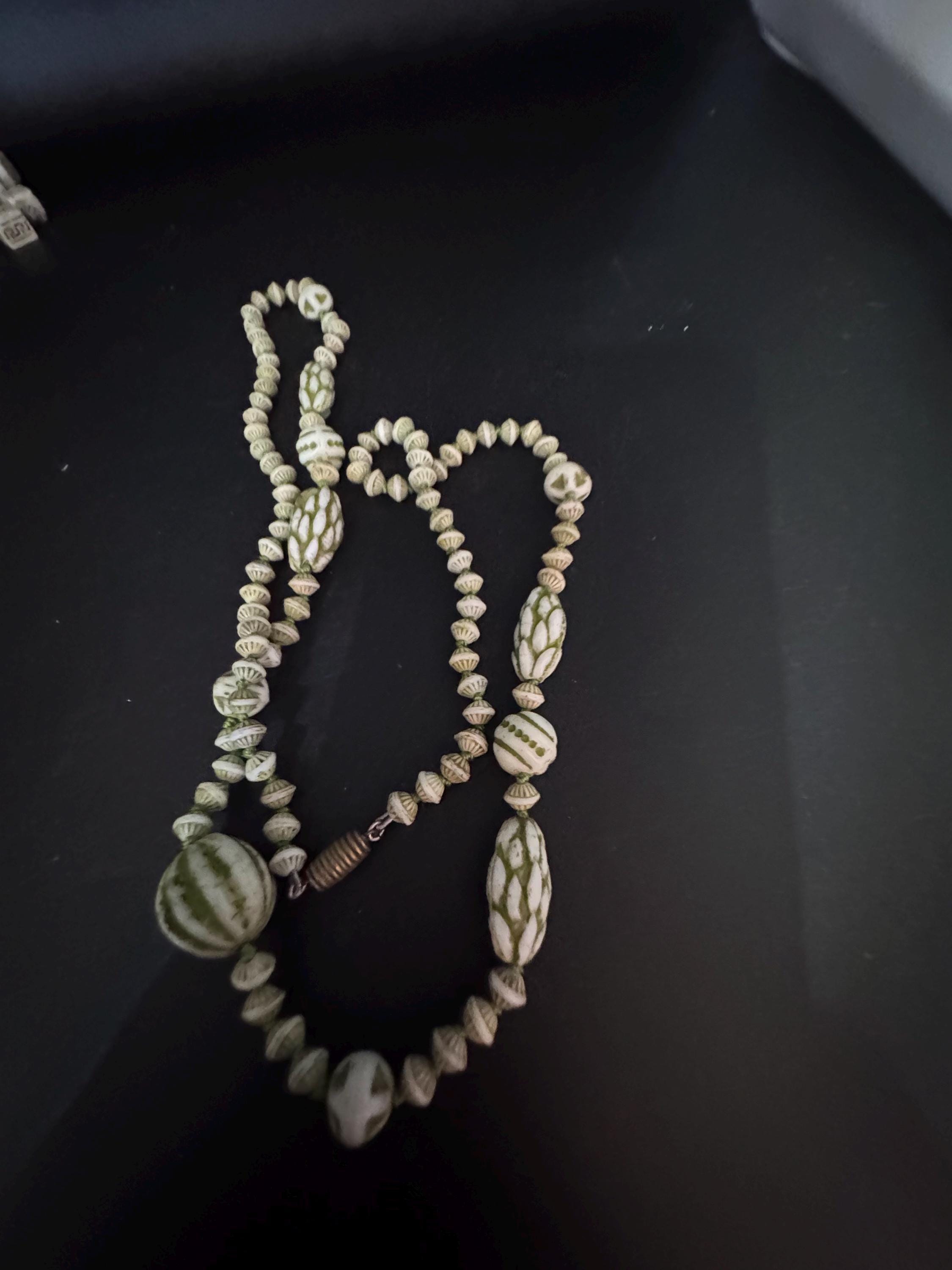 neiger UV beaded necklace, cream and green beads 76 uranium glass
