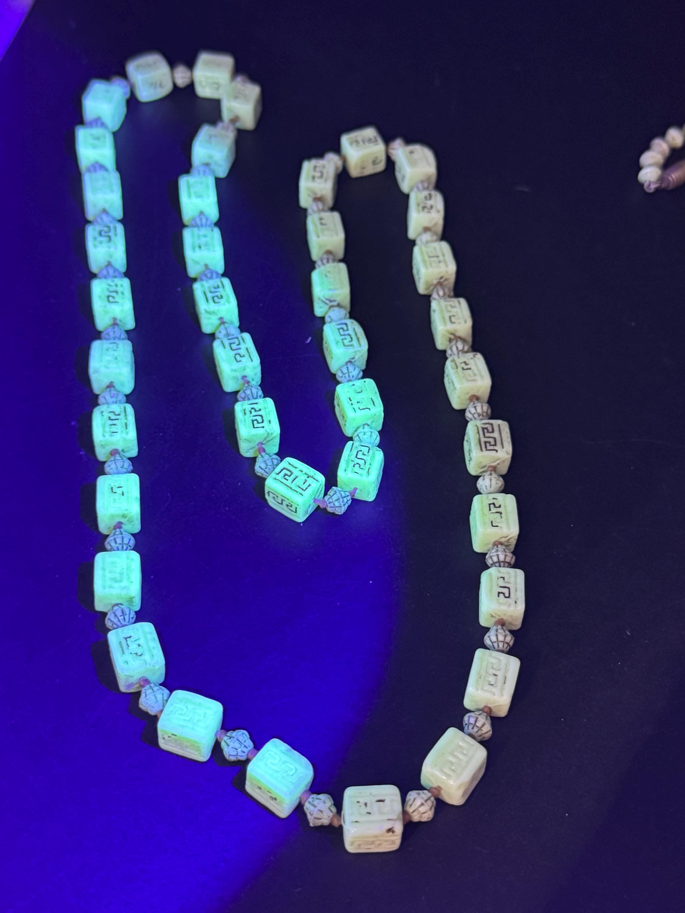 neiger UV square beaded necklace, cream and brown beads 80cm uranium glass