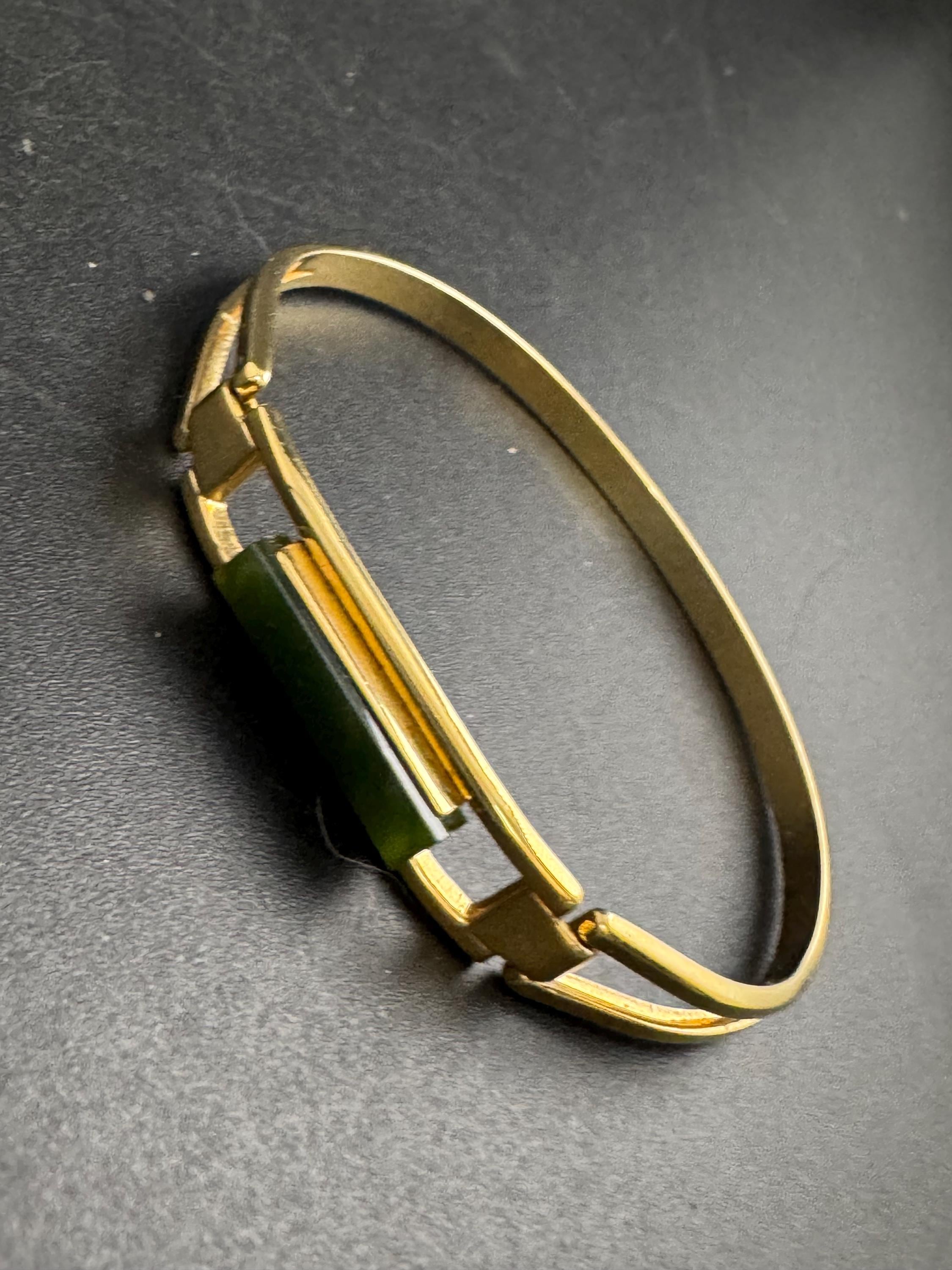 Avon gold green jade glass hinged bangle, Vintage signed