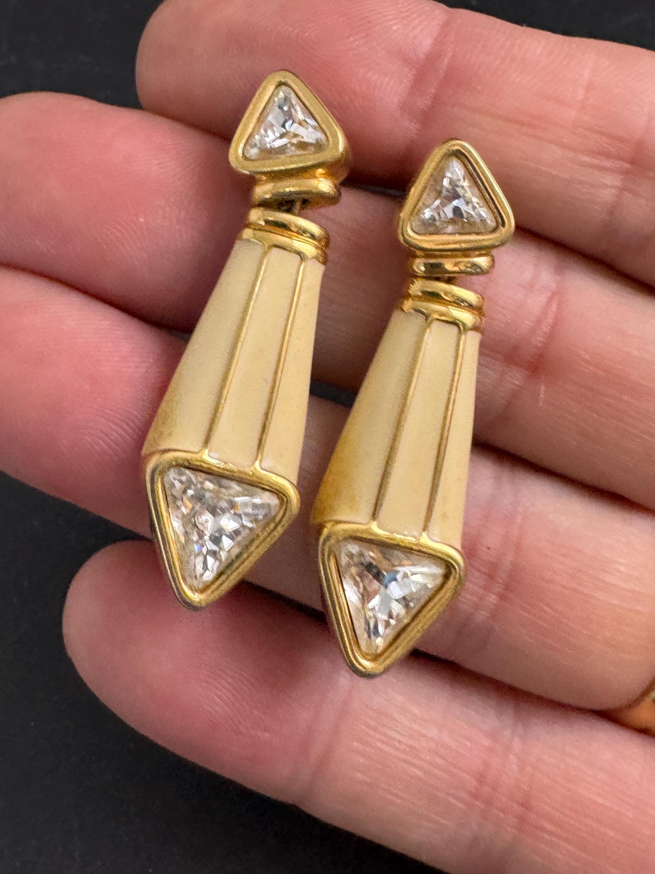 Swarovski SAL cream enamel earrings, Signed gold plated drops with crystals