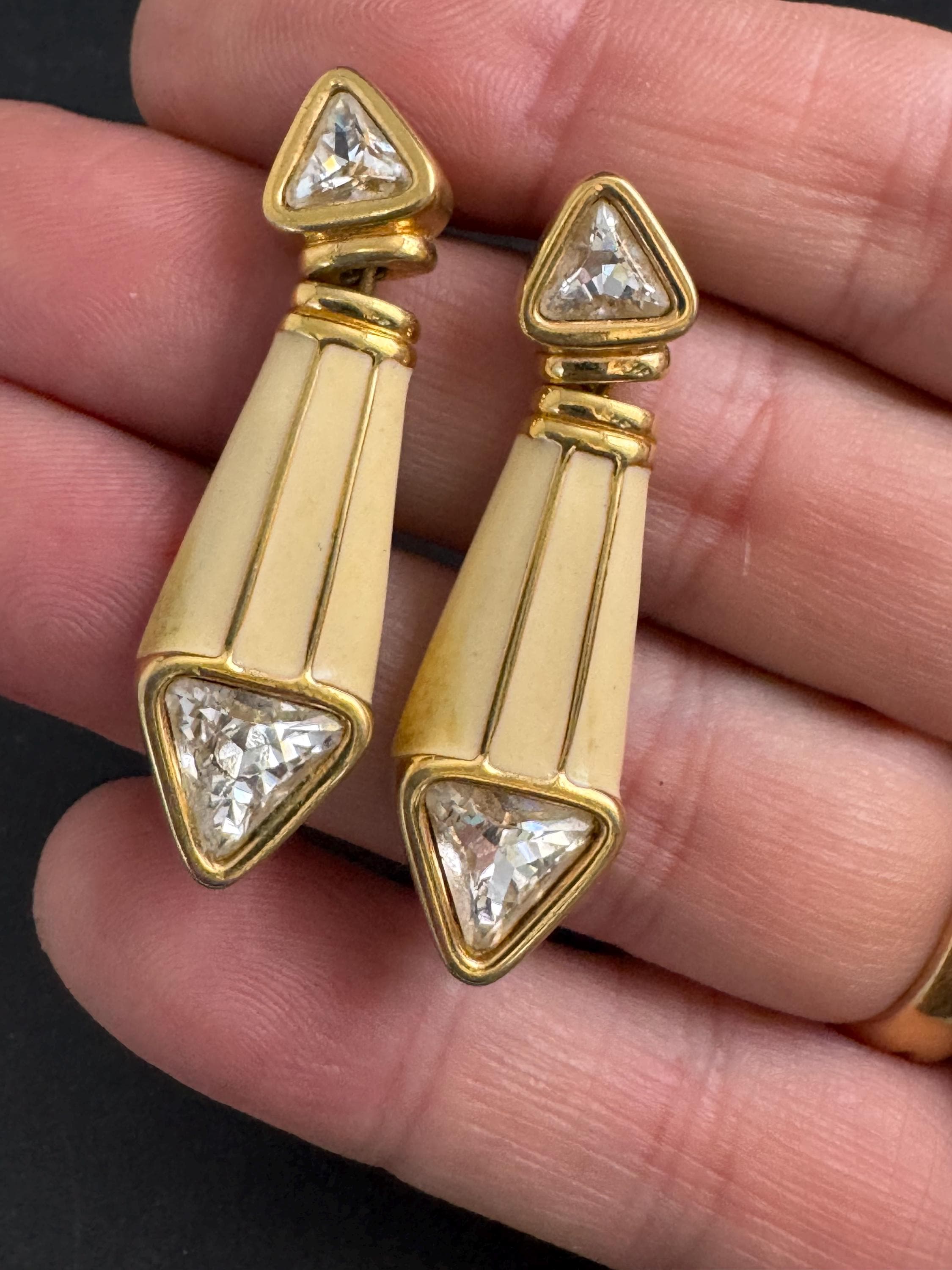 Swarovski SAL cream enamel earrings, Signed gold plated drops with crystals