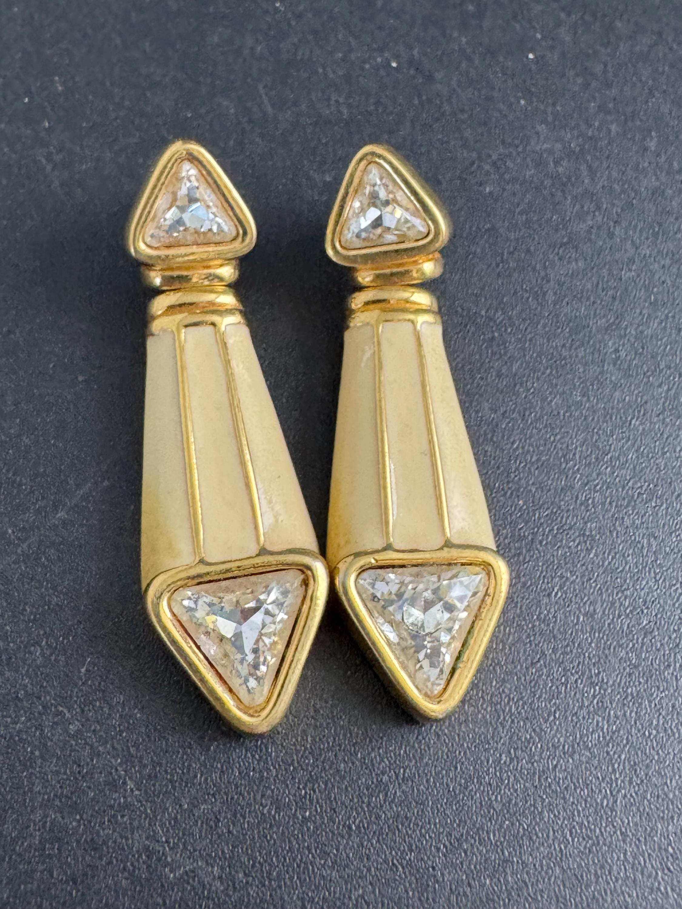 Swarovski SAL cream enamel earrings, Signed gold plated drops with crystals