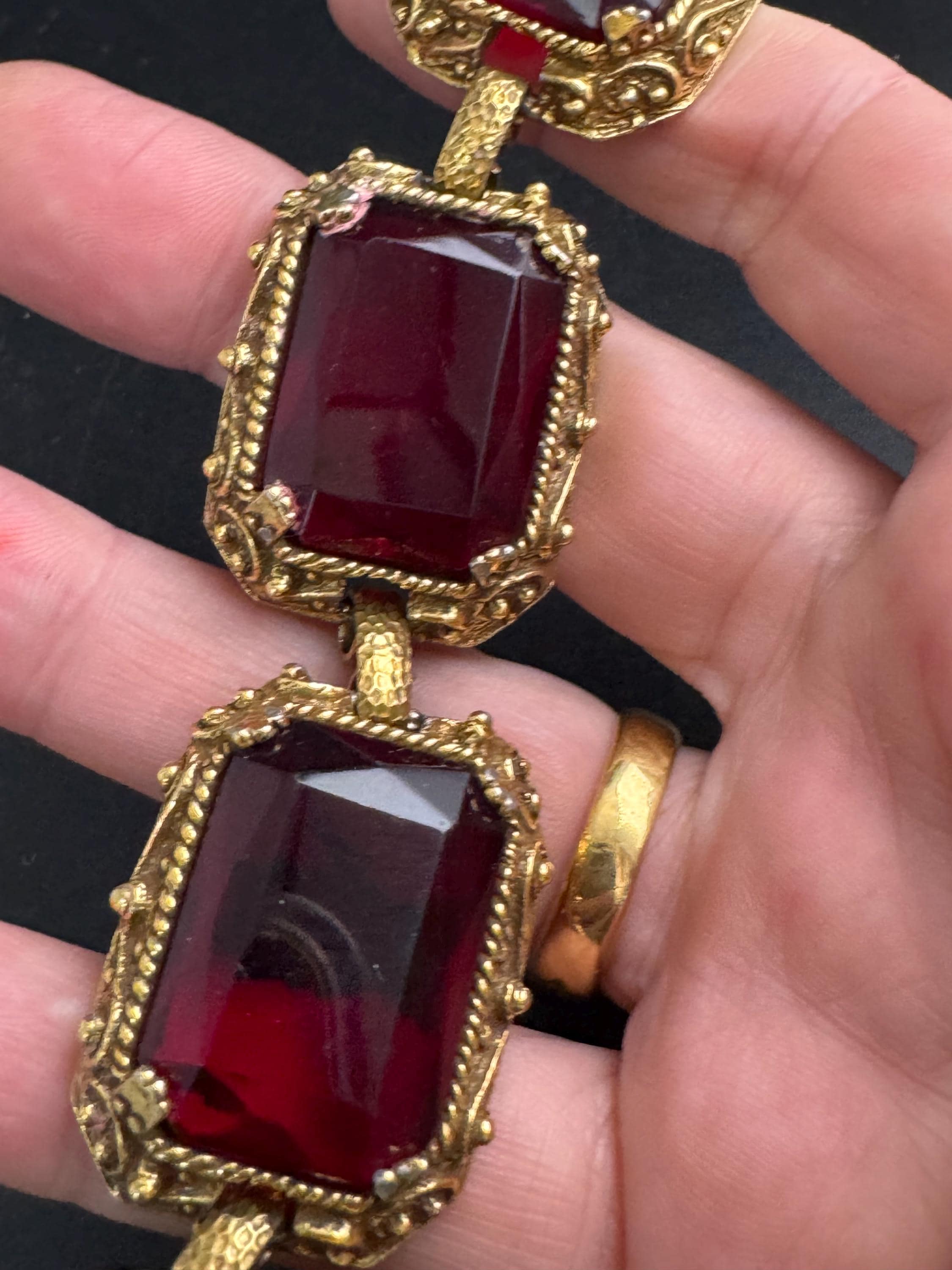 Judy Lee ruby glass bracelet,  vintage antique gold tone panel link mid century