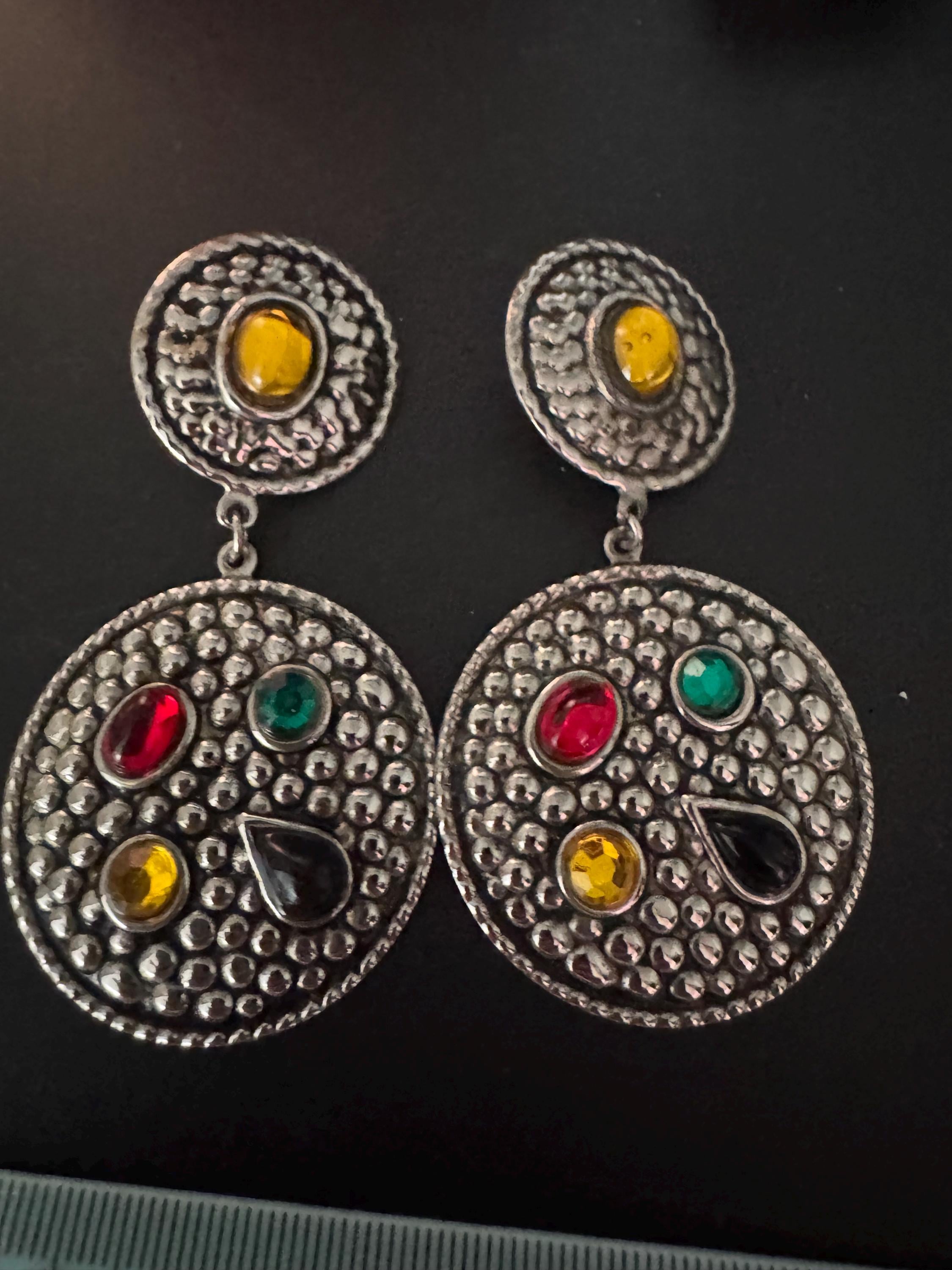 Cabochon disc clip on earrings, silver tone coloured stones lightweight metal