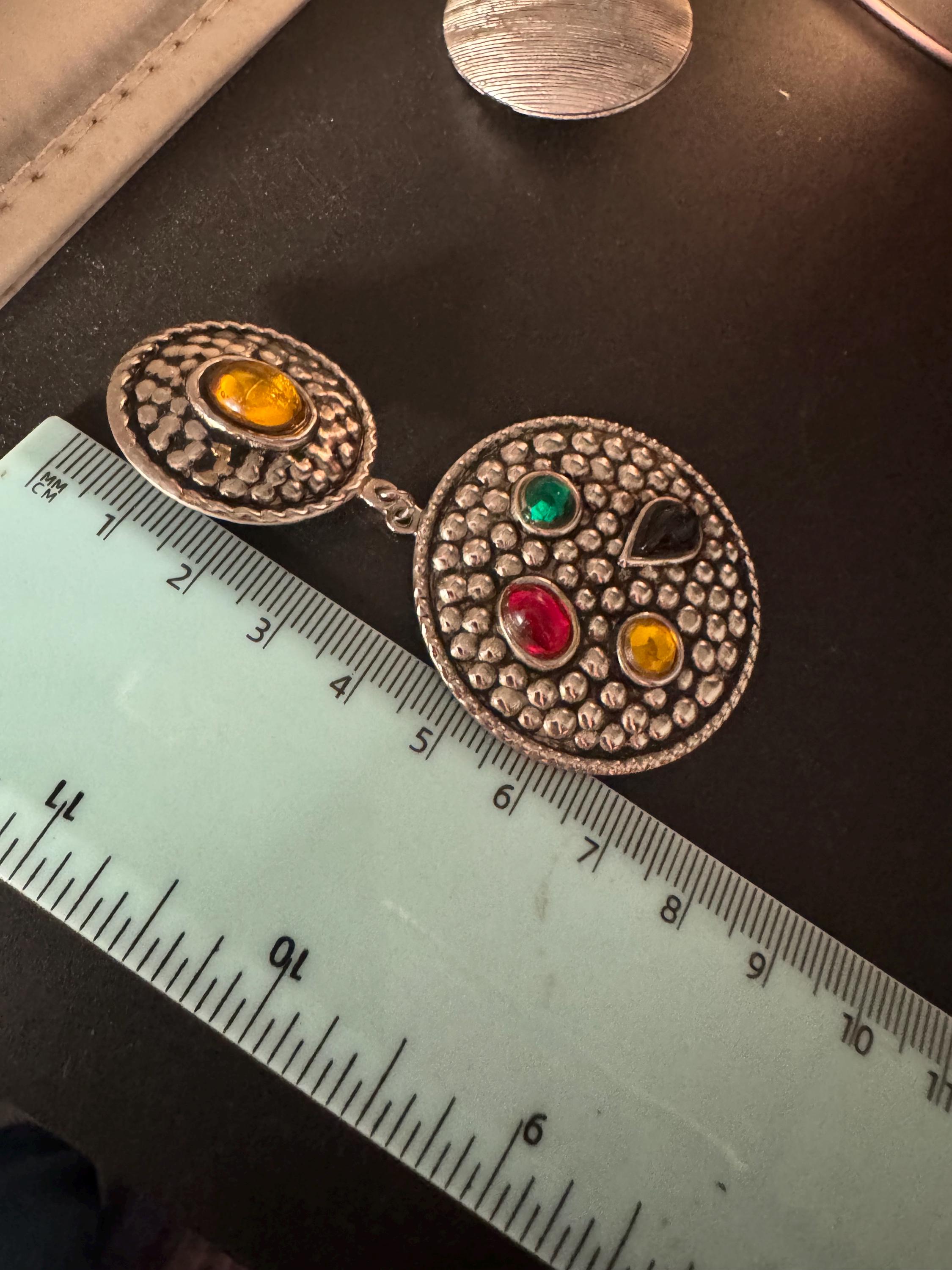 Cabochon disc clip on earrings, silver tone coloured stones lightweight metal