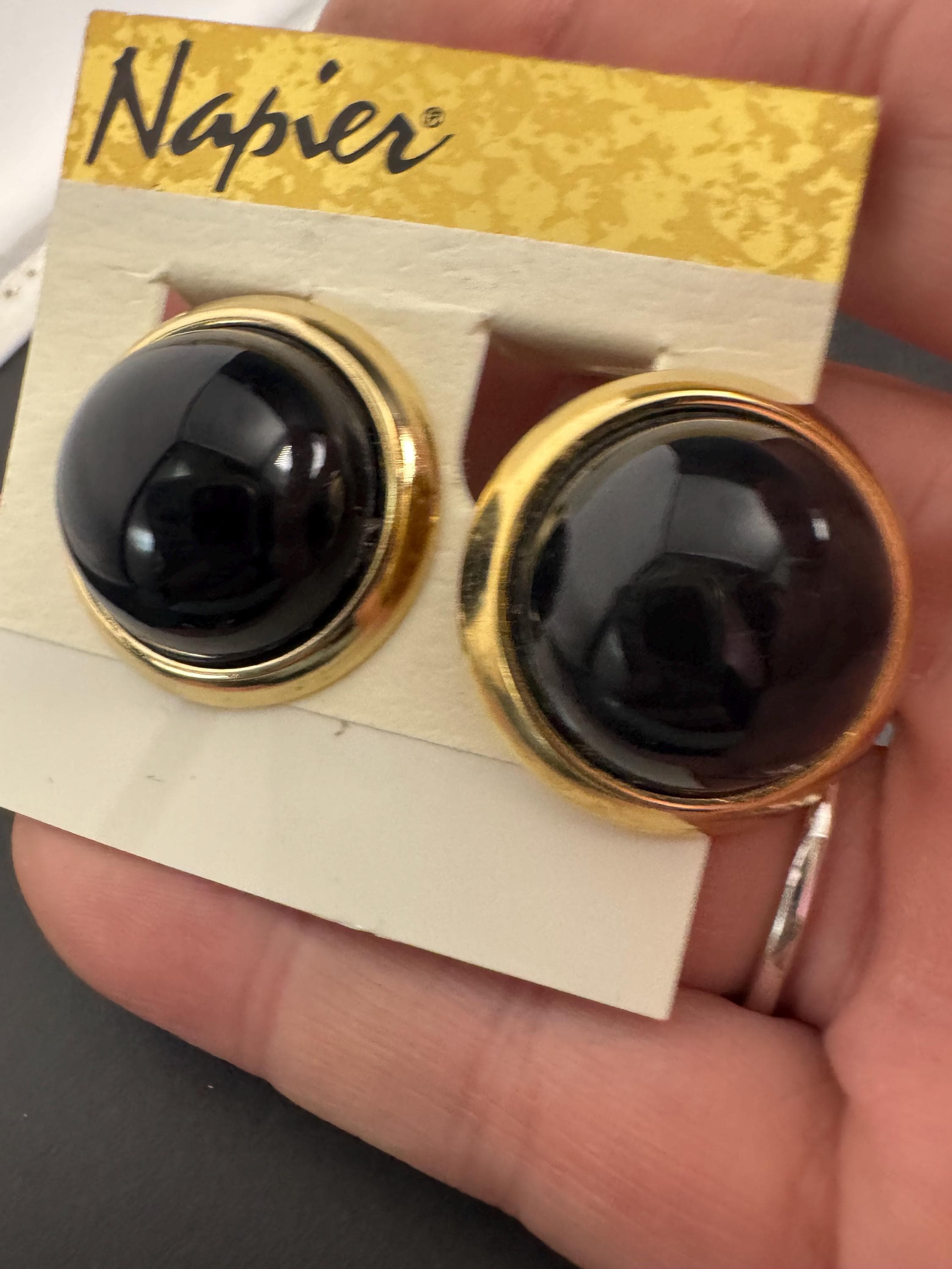 Vintage NAPIER black clip on earrings, signed gold plated, designer