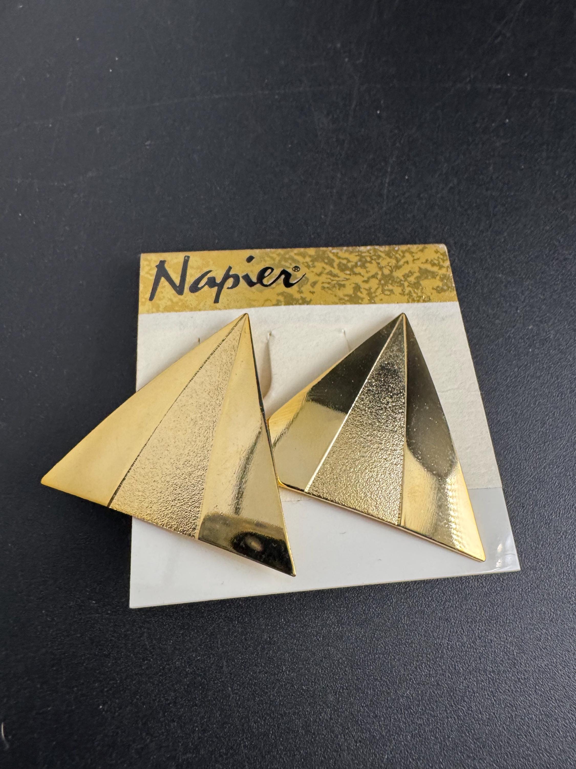 NAPIER triangular clip on earrings, vintage signed 80s geometric gold plated