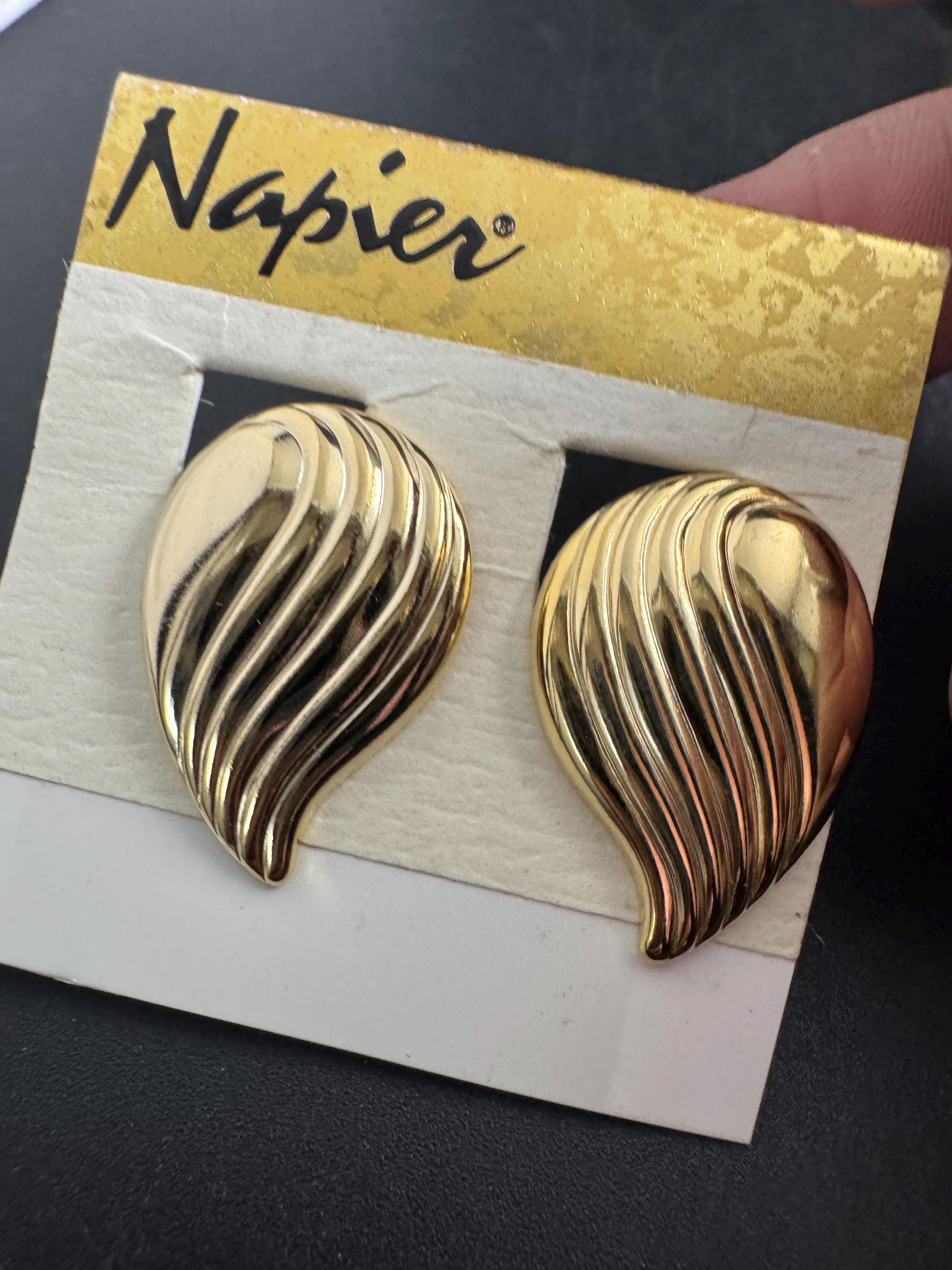 NAPIER teardrop clip on earrings, vintage signed 80s abstract swirls and gold plated, designer