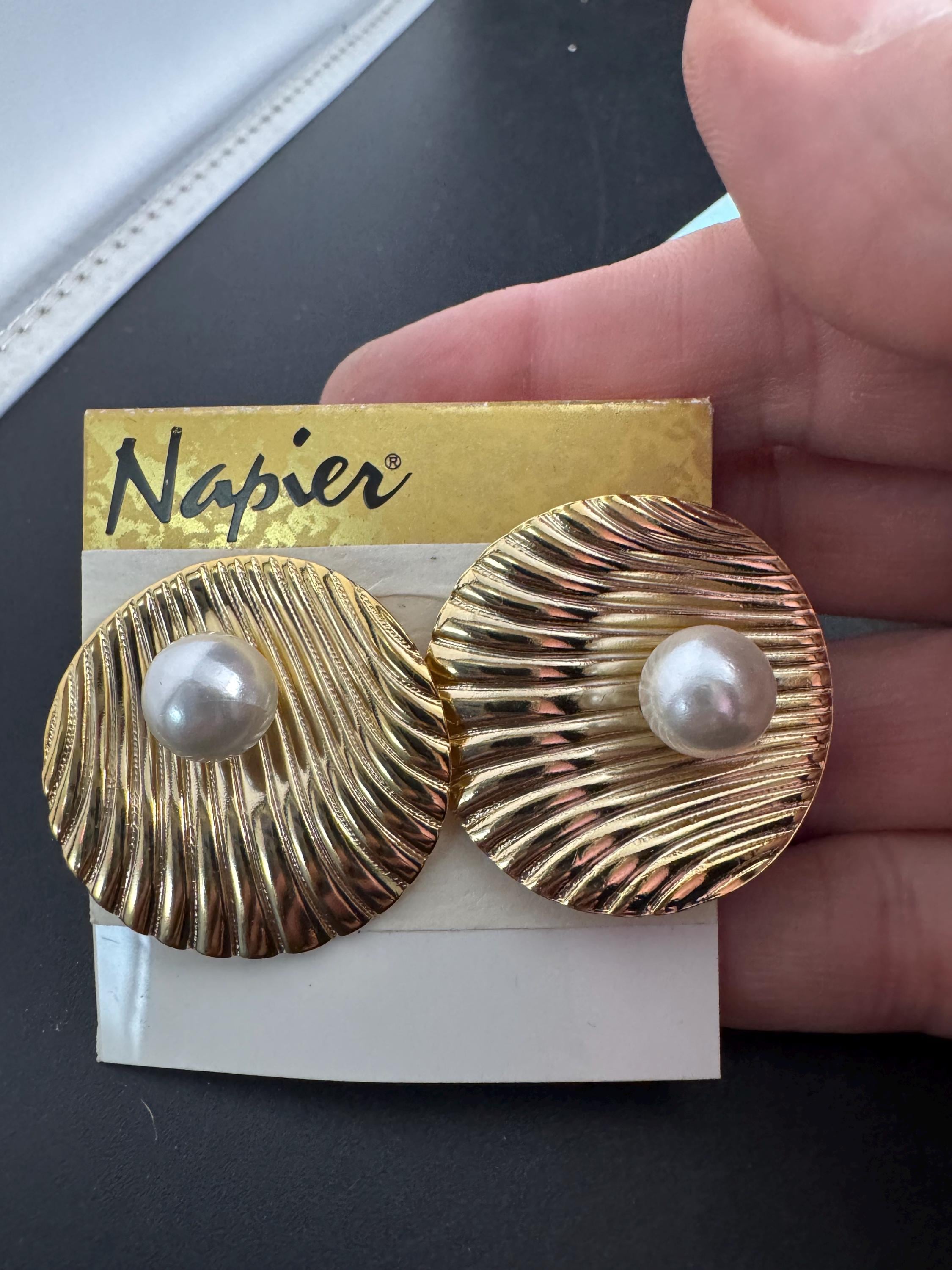 NAPIER pearl clip on earrings, vintage signed 80s seashell gold plated, designer summer jewellery