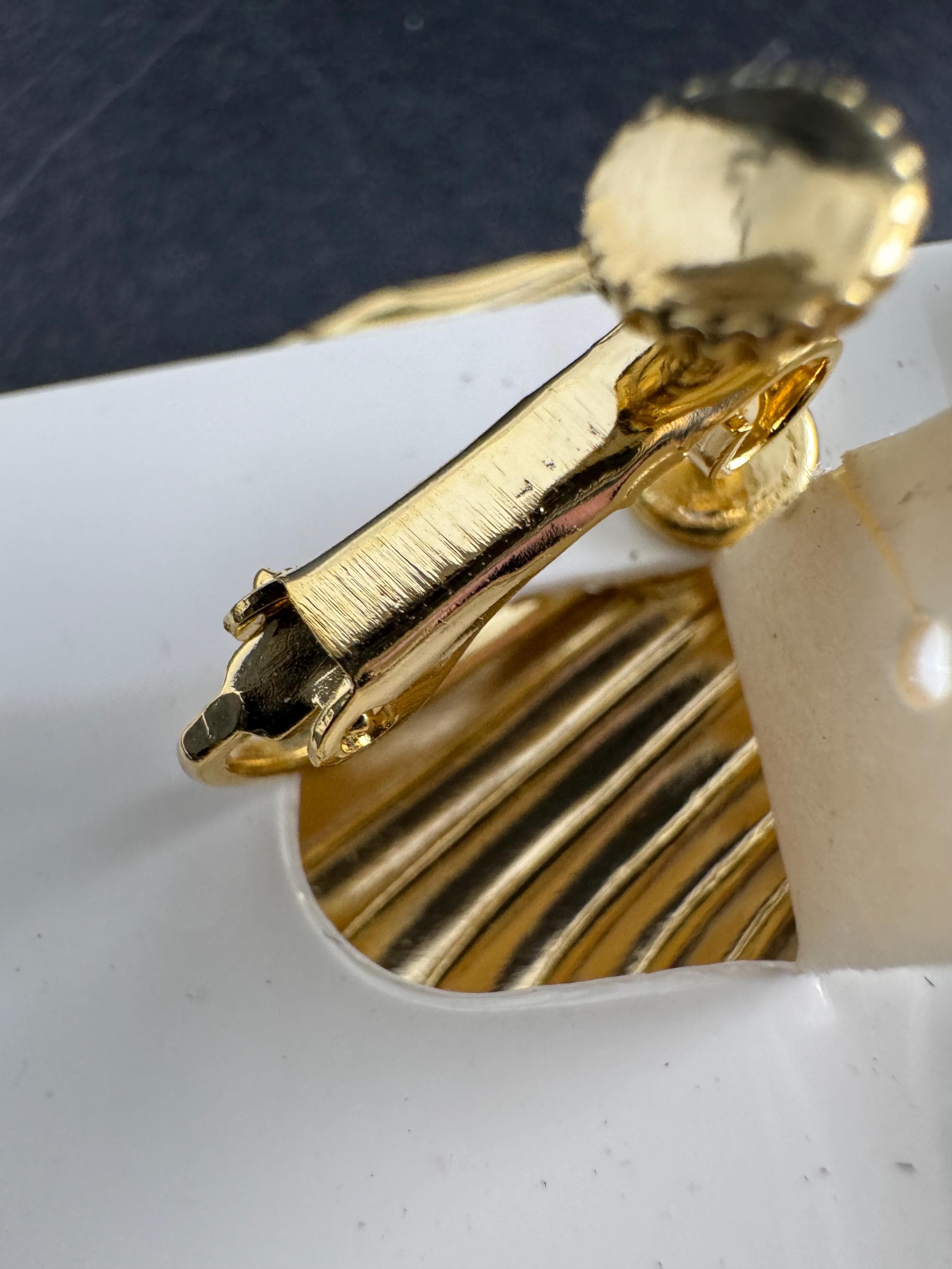 NAPIER pearl clip on earrings, vintage signed 80s seashell gold plated, designer summer jewellery