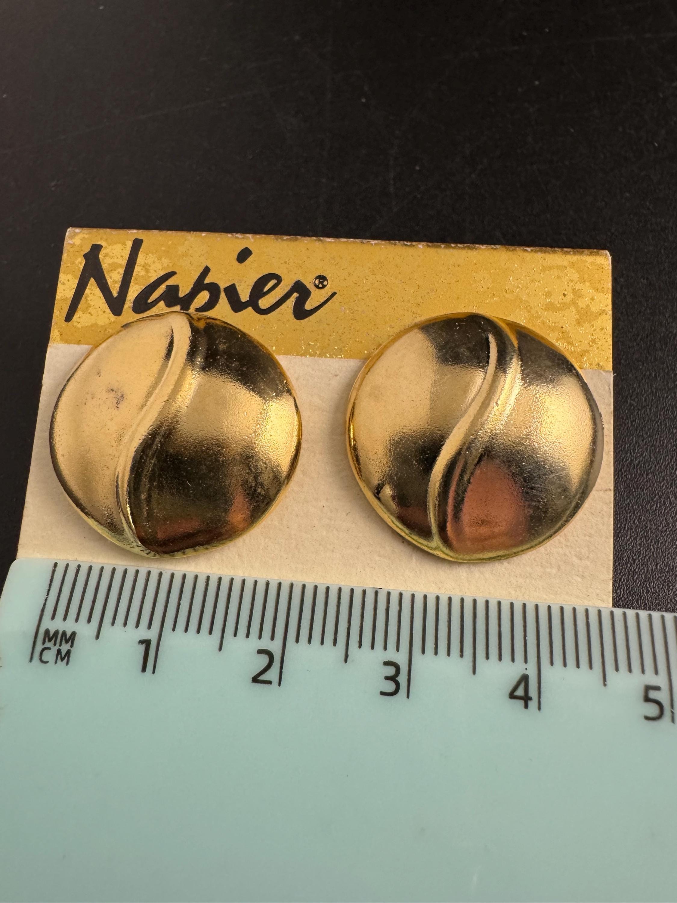 NAPIER round clip on earrings, vintage signed 80s two tone buttons gold plated