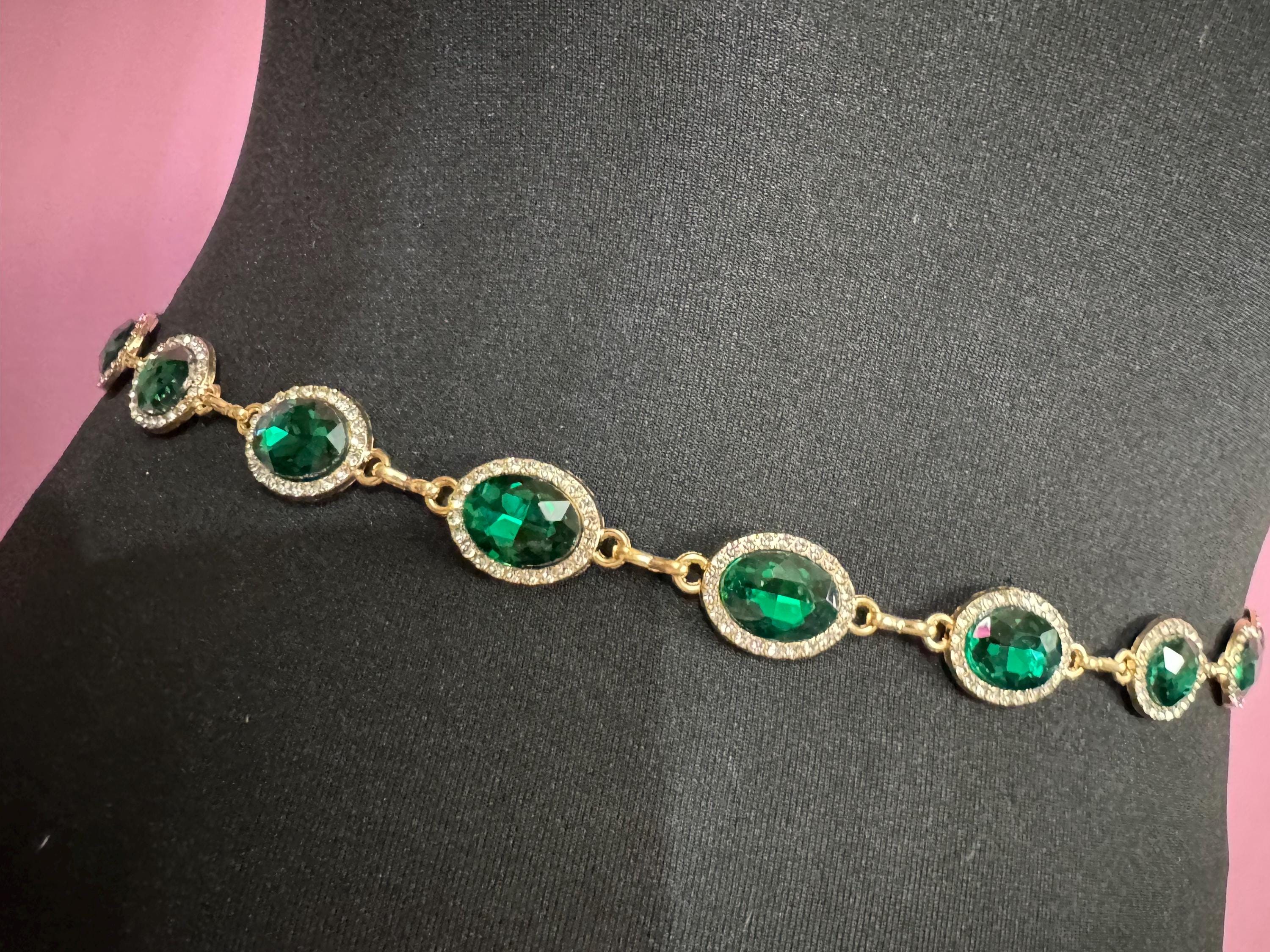 Emerald set Gold panel link chain belt,  fits to 114 cm waist green rhinestone vintage fashion