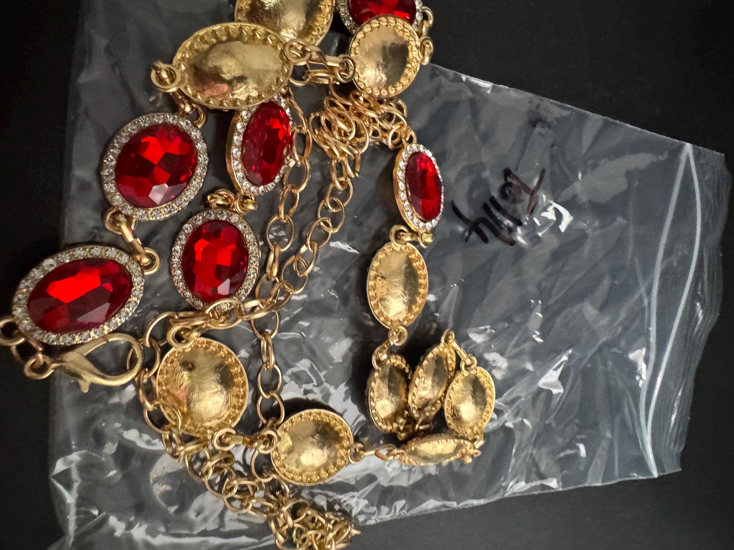 Ruby set Gold panel link chain belt,  fits to 114 cm waist red rhinestone vintage fashion