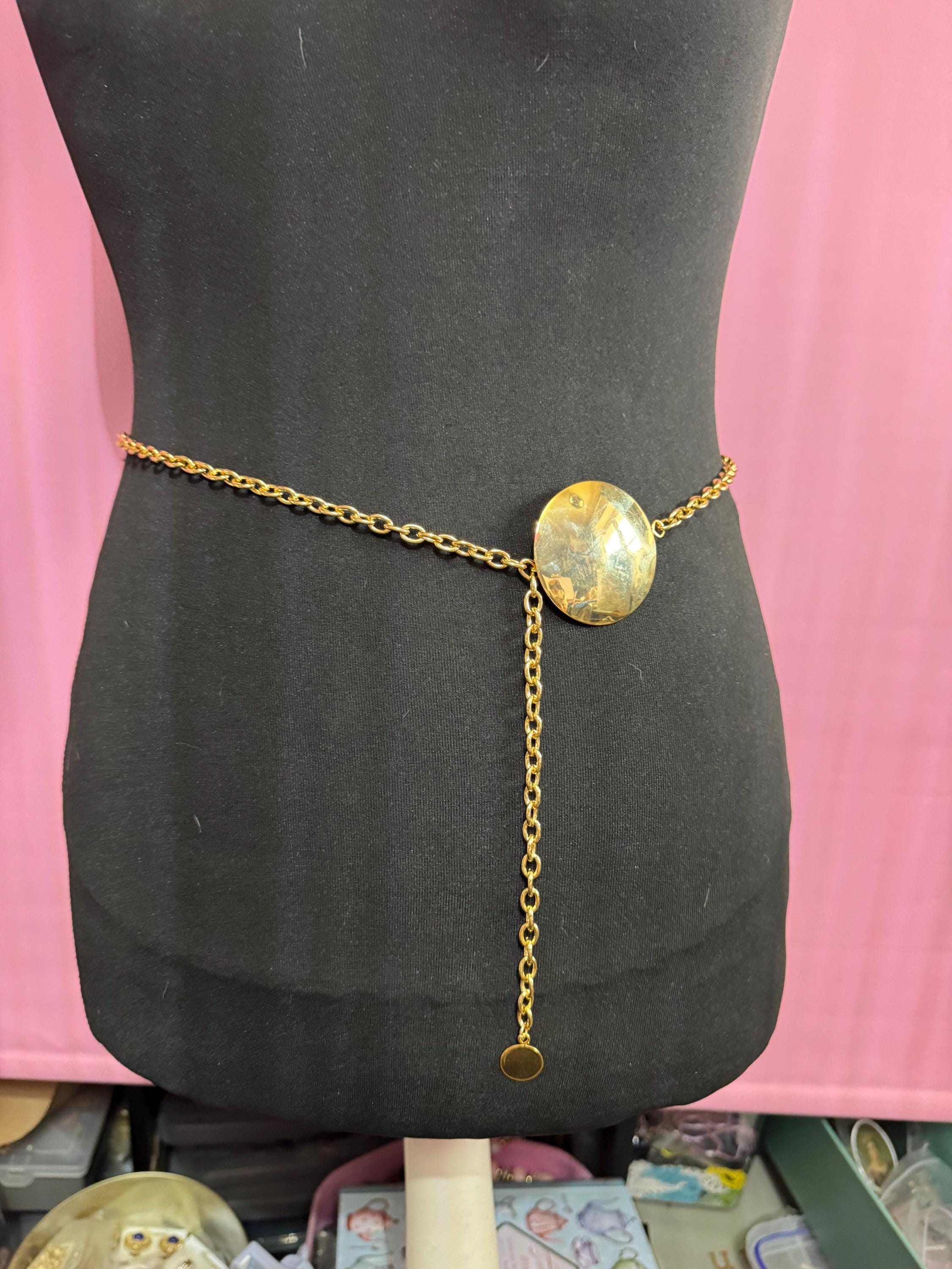 gold disc link chain belt, fits to 101cm dropper belt vintage fashion