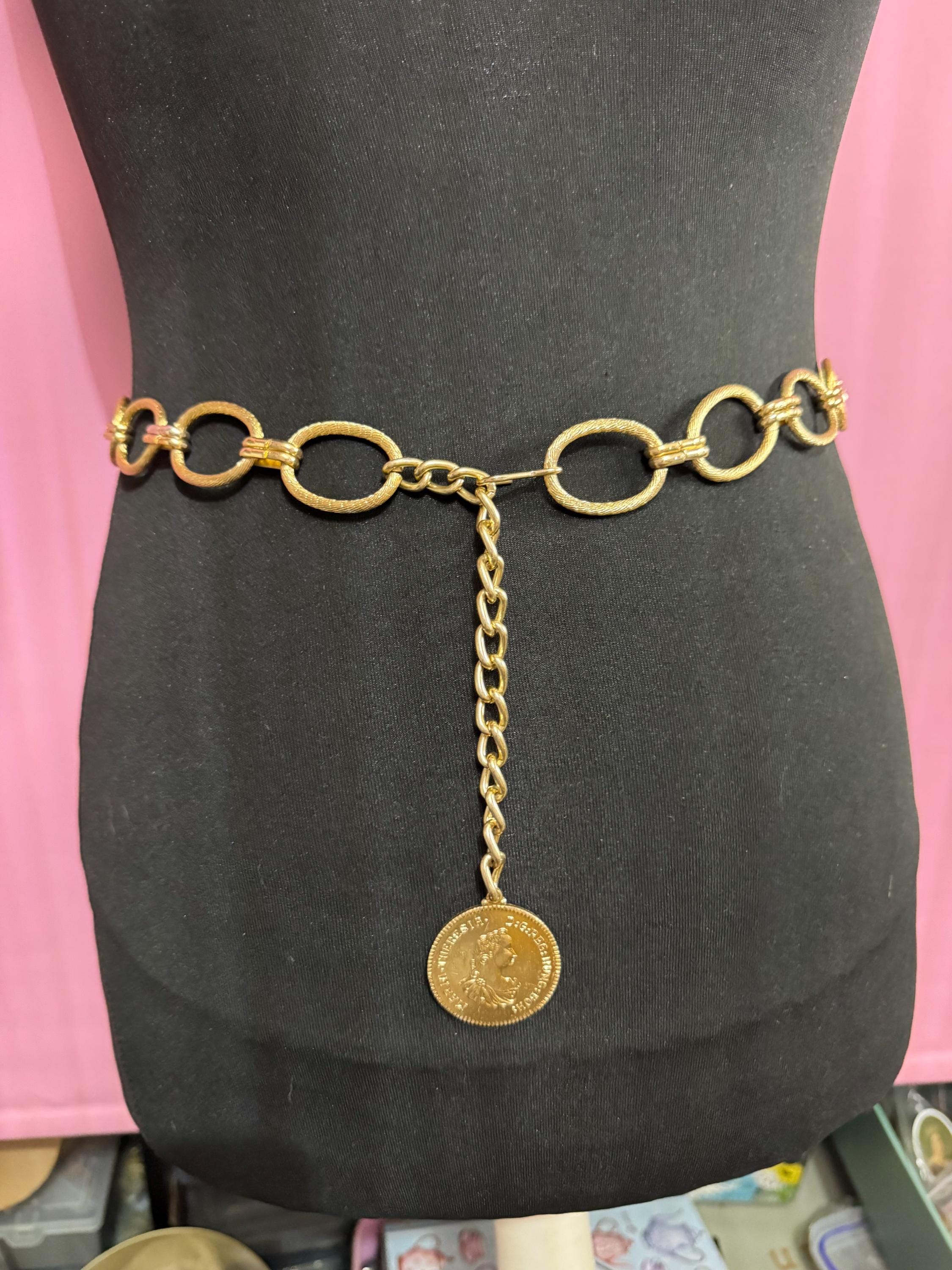 gold coin drop chain belt, fits 82 to 97cm oval loops vintage fashion