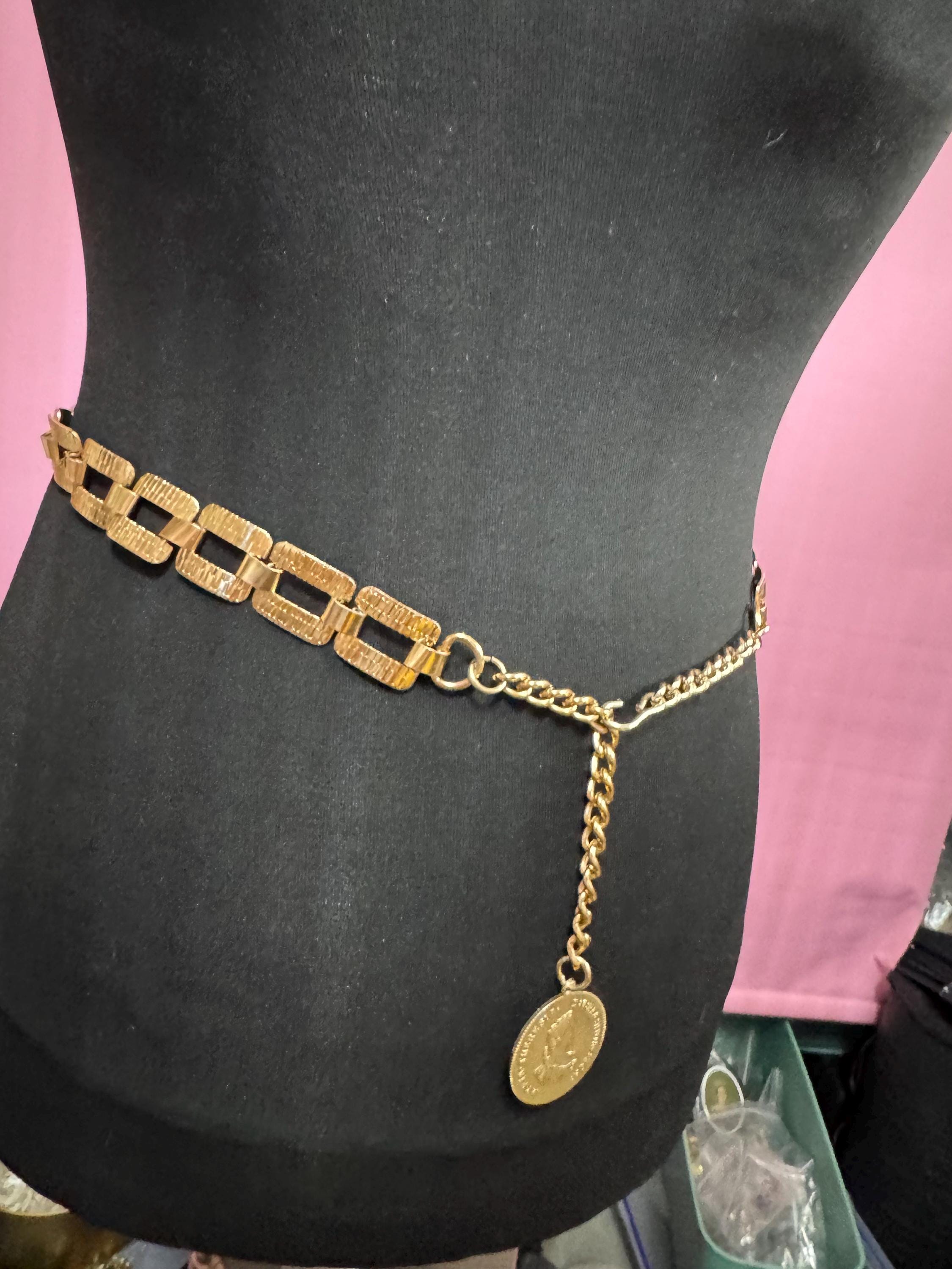 gold coin drop chain belt, fits 81 to 95cm 70s britalist vintage fashion